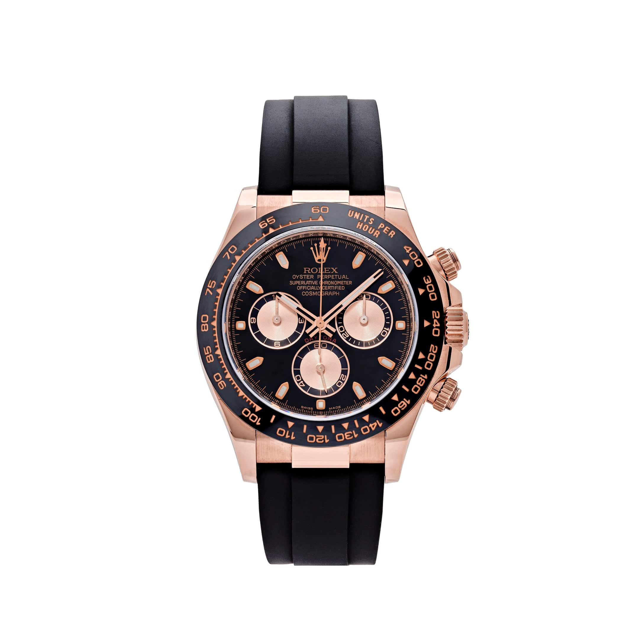 Luxury Watch Rolex Daytona Rose Gold Black & Pink Dial Rubber Strap 116515LN Wrist Aficionado