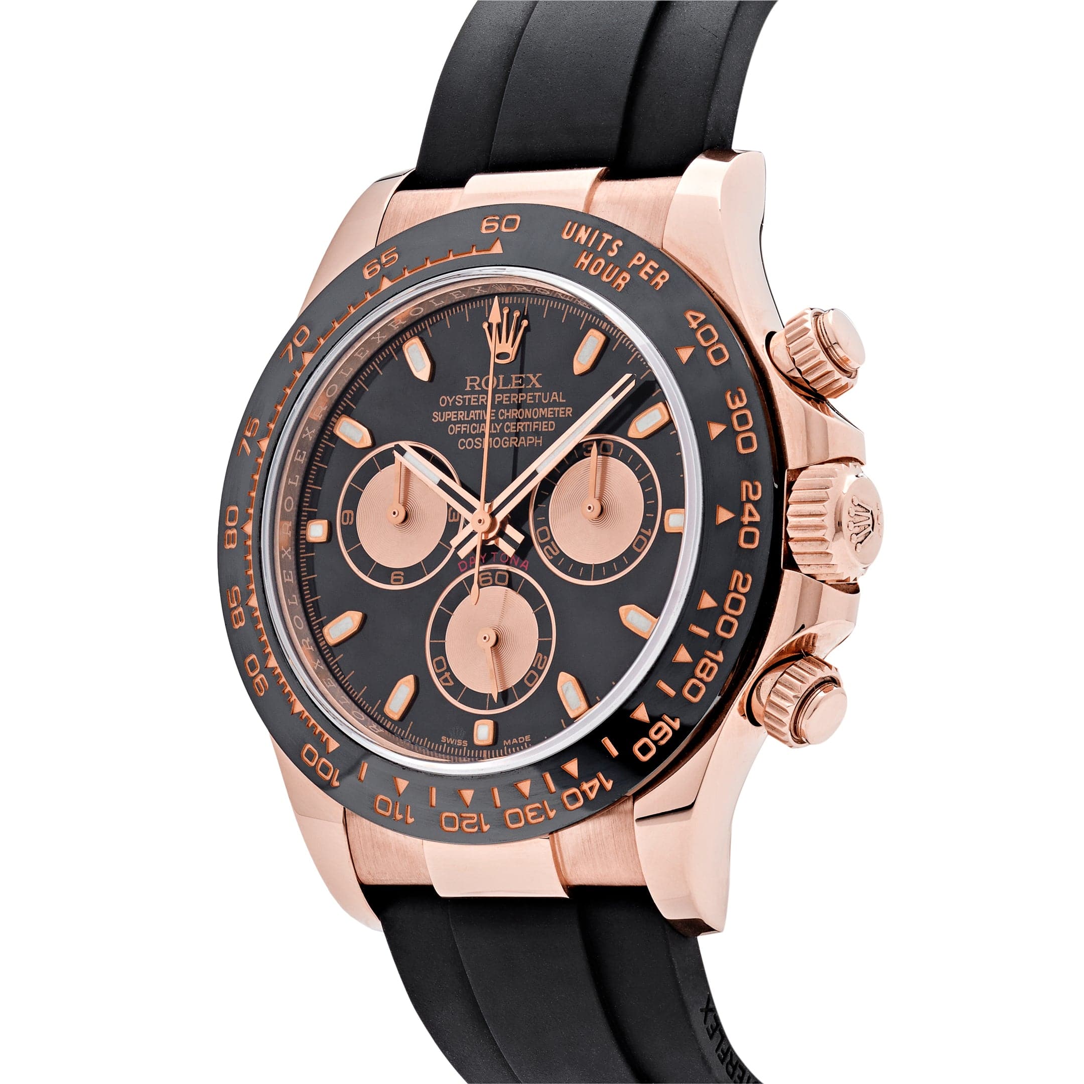 Luxury Watch Rolex Daytona Rose Gold Black & Pink Dial Rubber Strap 116515LN Wrist Aficionado
