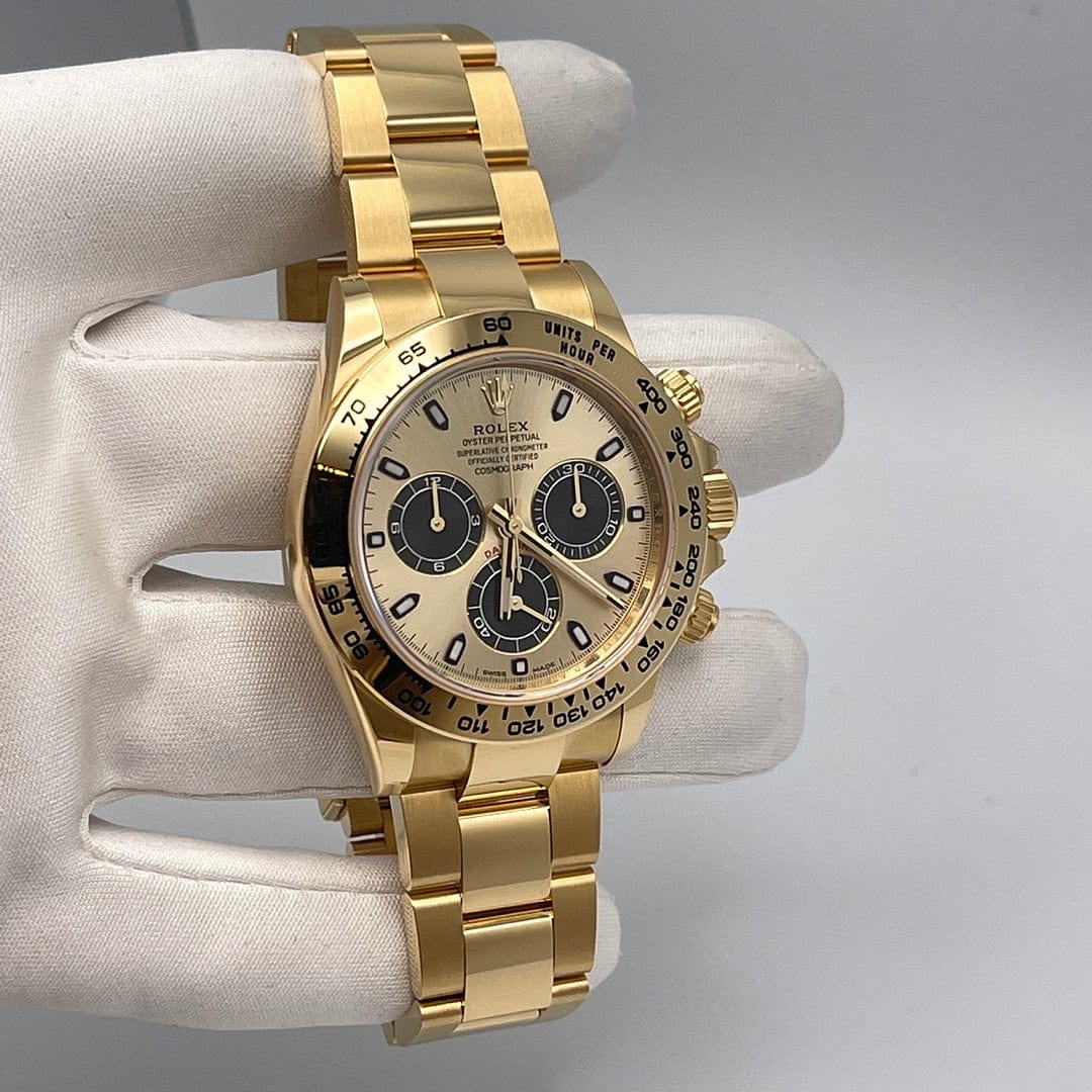 Luxury Watch Rolex Daytona Yellow Gold Champagne & Black Dial 116508 Wrist Aficionado
