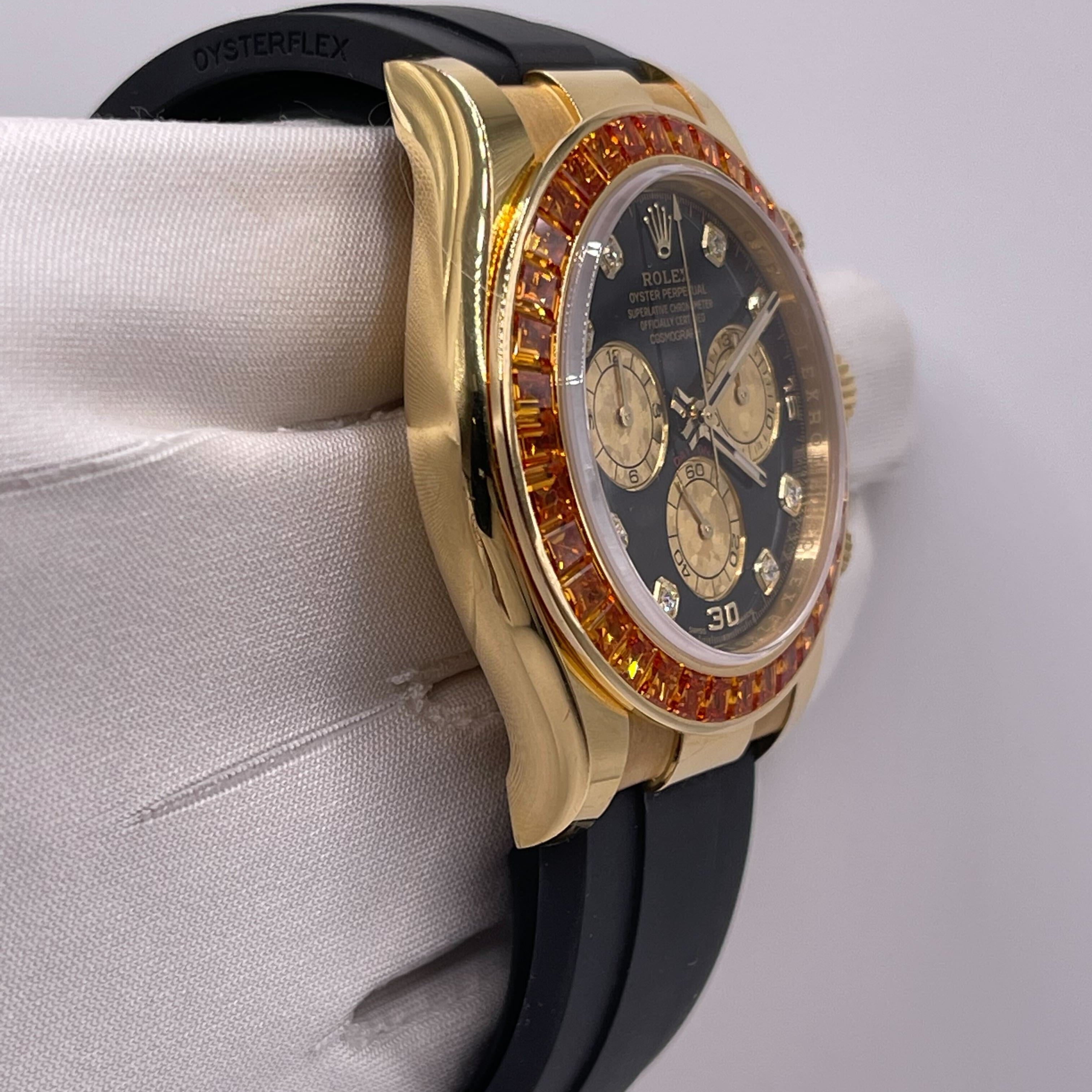Luxury Watch Rolex Daytona Yellow Gold Orange Sapphire Bezel Black Diamond Dial 116588SACO Wrist Aficionado