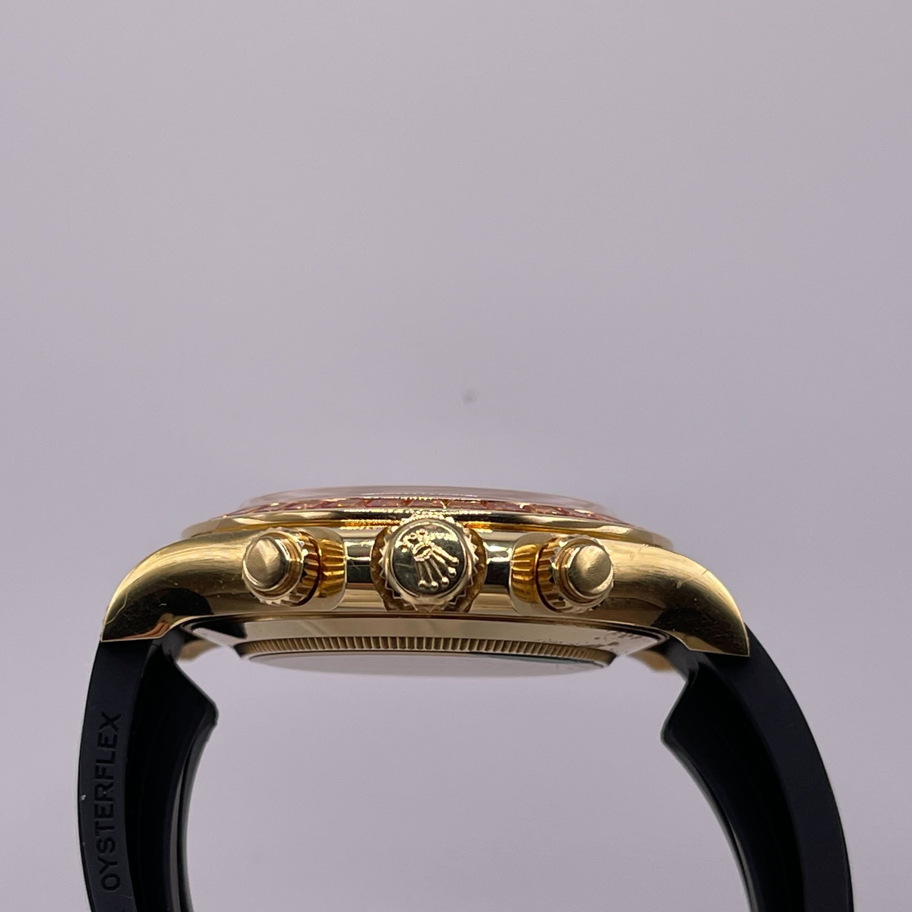 Luxury Watch Rolex Daytona Yellow Gold Orange Sapphire Bezel Black Diamond Dial 116588SACO Wrist Aficionado