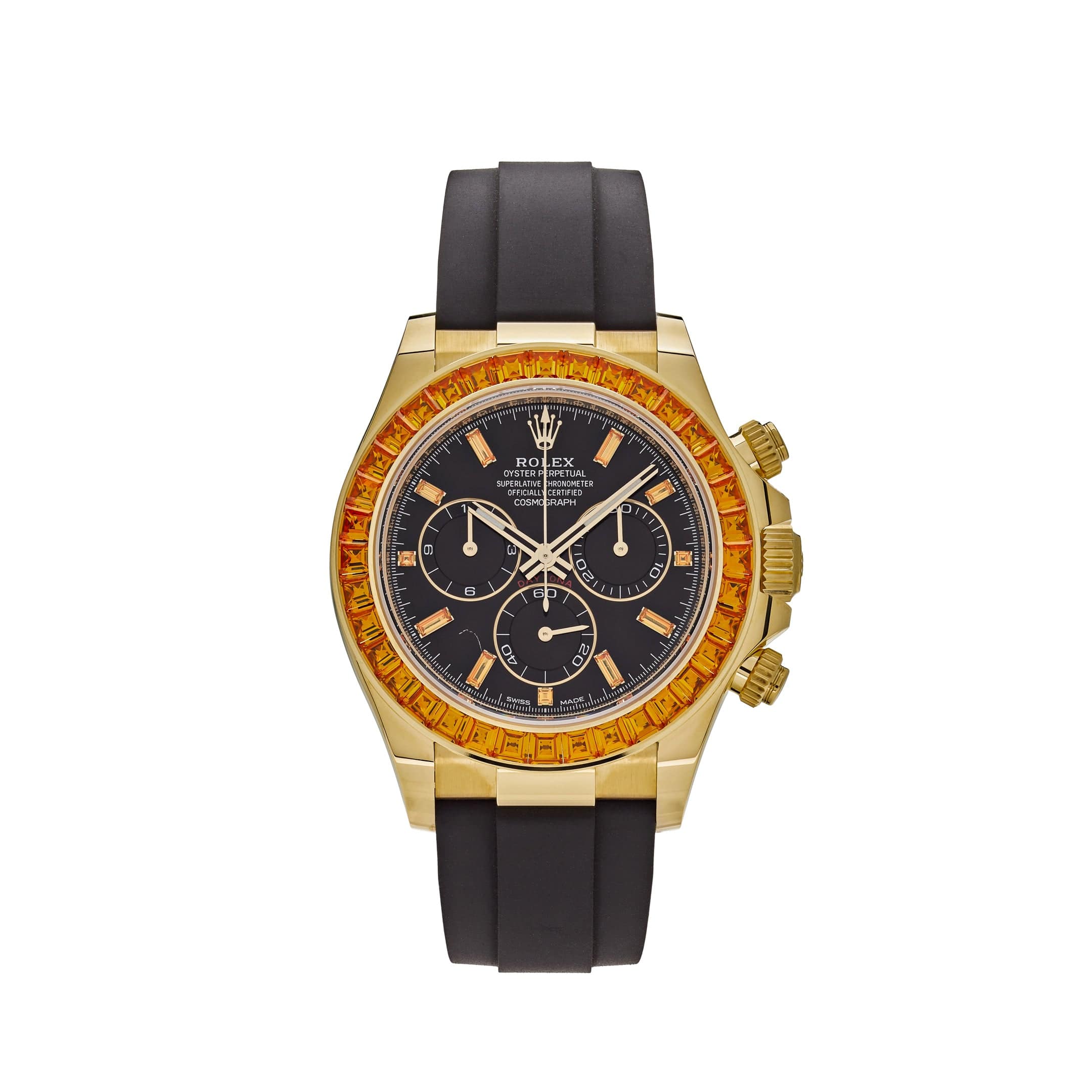 Luxury Watch Rolex Daytona Yellow Gold Orange Sapphire Bezel Black Diamond Dial 116588SACO Wrist Aficionado