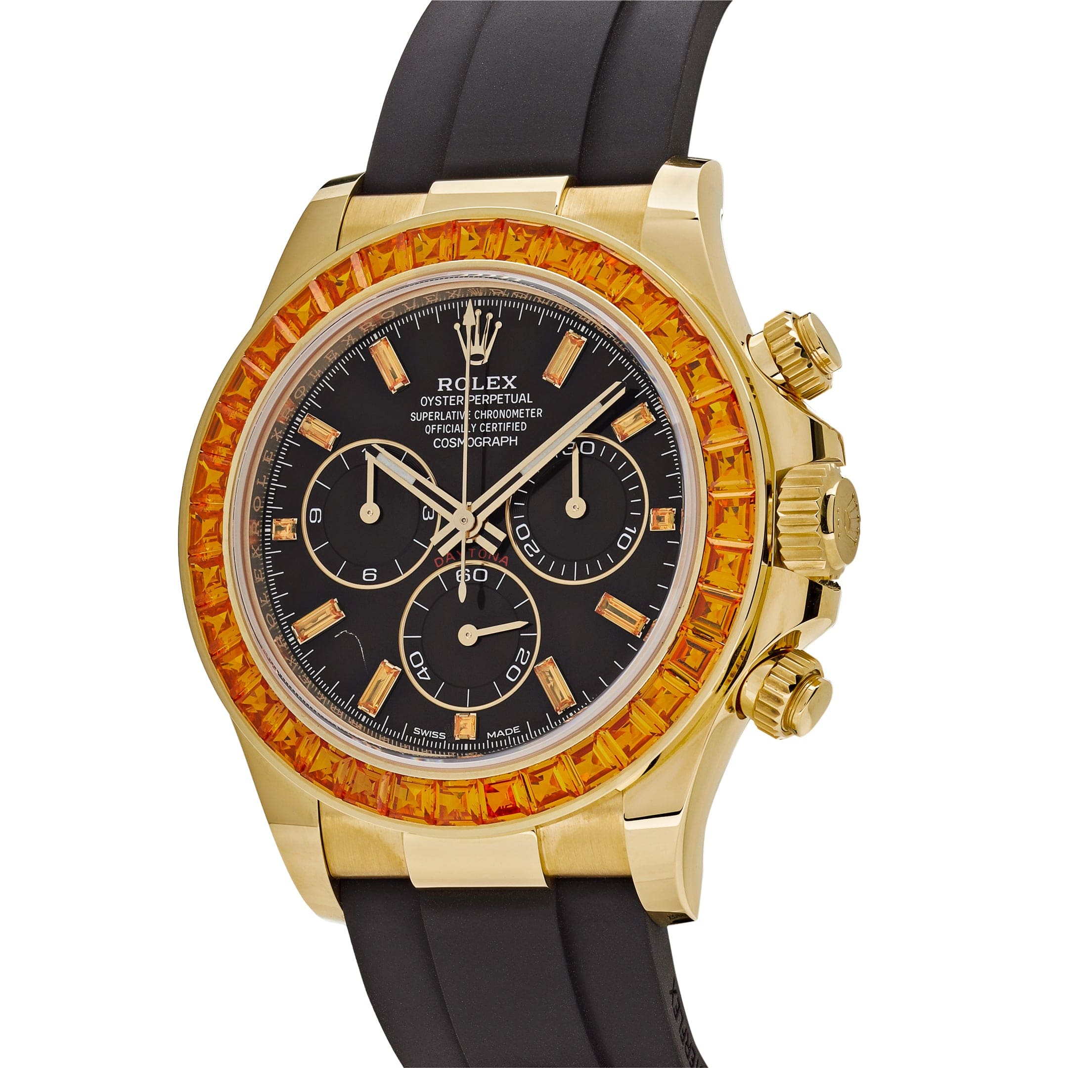 Luxury Watch Rolex Daytona Yellow Gold Orange Sapphire Bezel Black Diamond Dial 116588SACO Wrist Aficionado