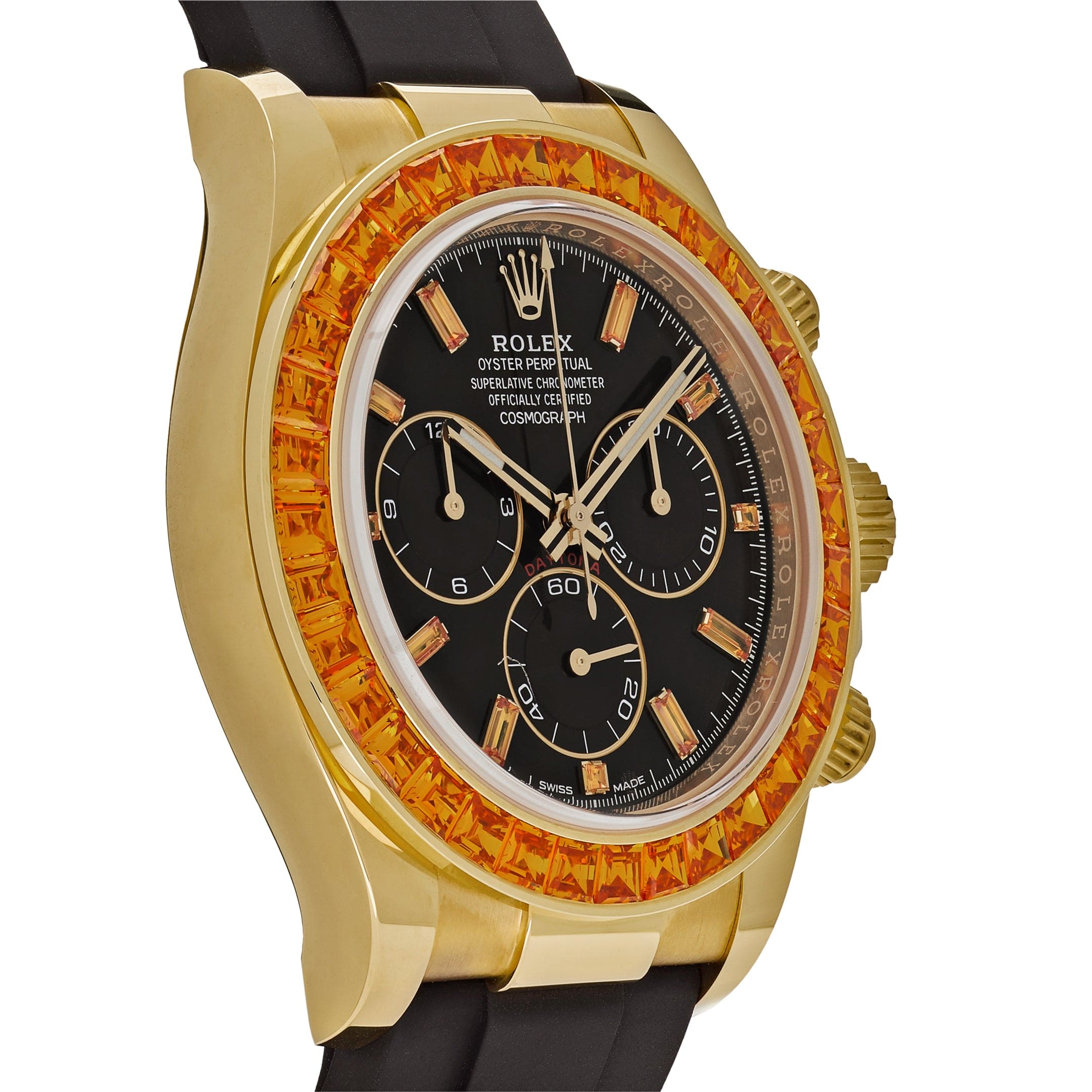 Luxury Watch Rolex Daytona Yellow Gold Orange Sapphire Bezel Black Diamond Dial 116588SACO Wrist Aficionado