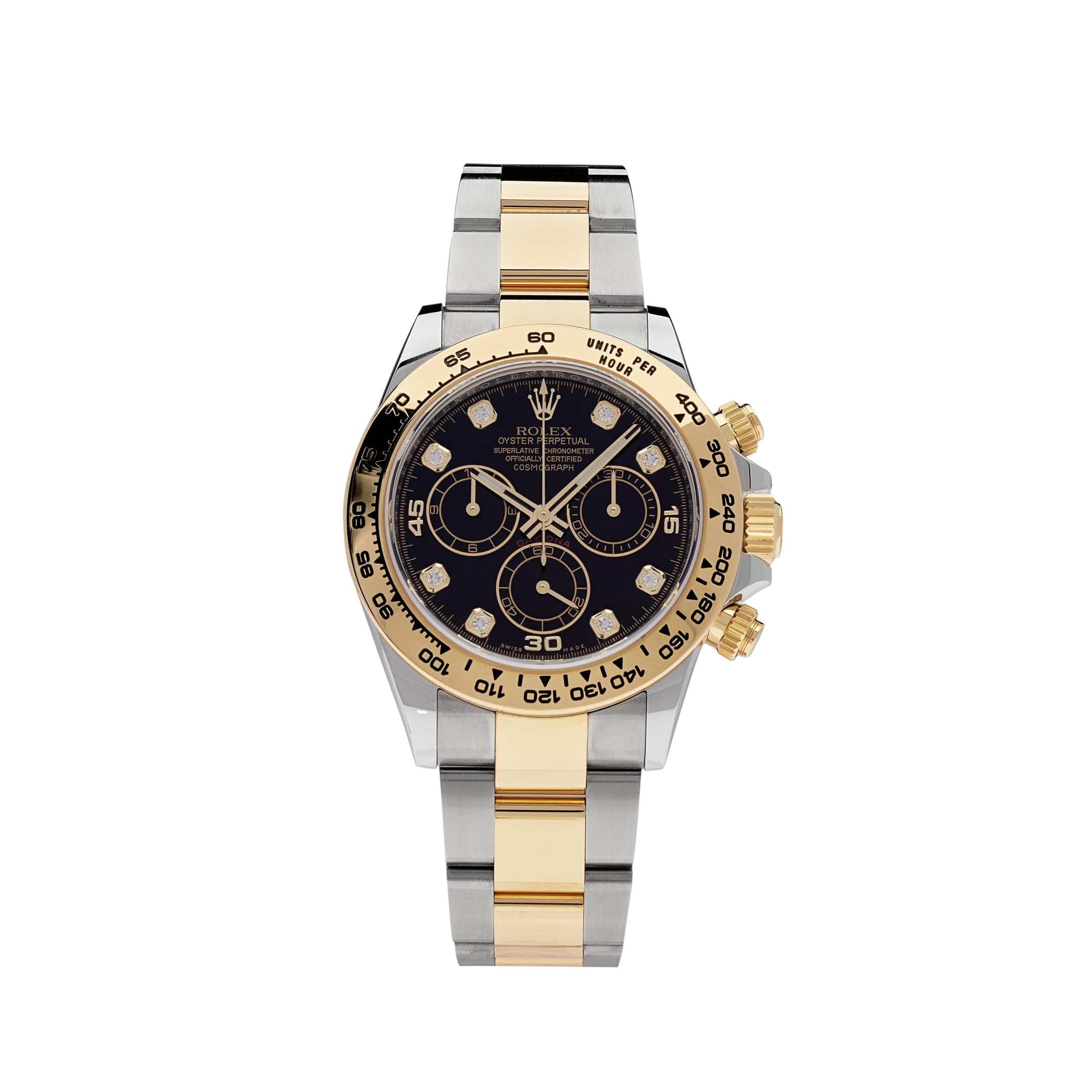 Luxury Watch Rolex Daytona Yellow Gold & Stainless Steel Black Diamond Dial 116503 Wrist Aficionado