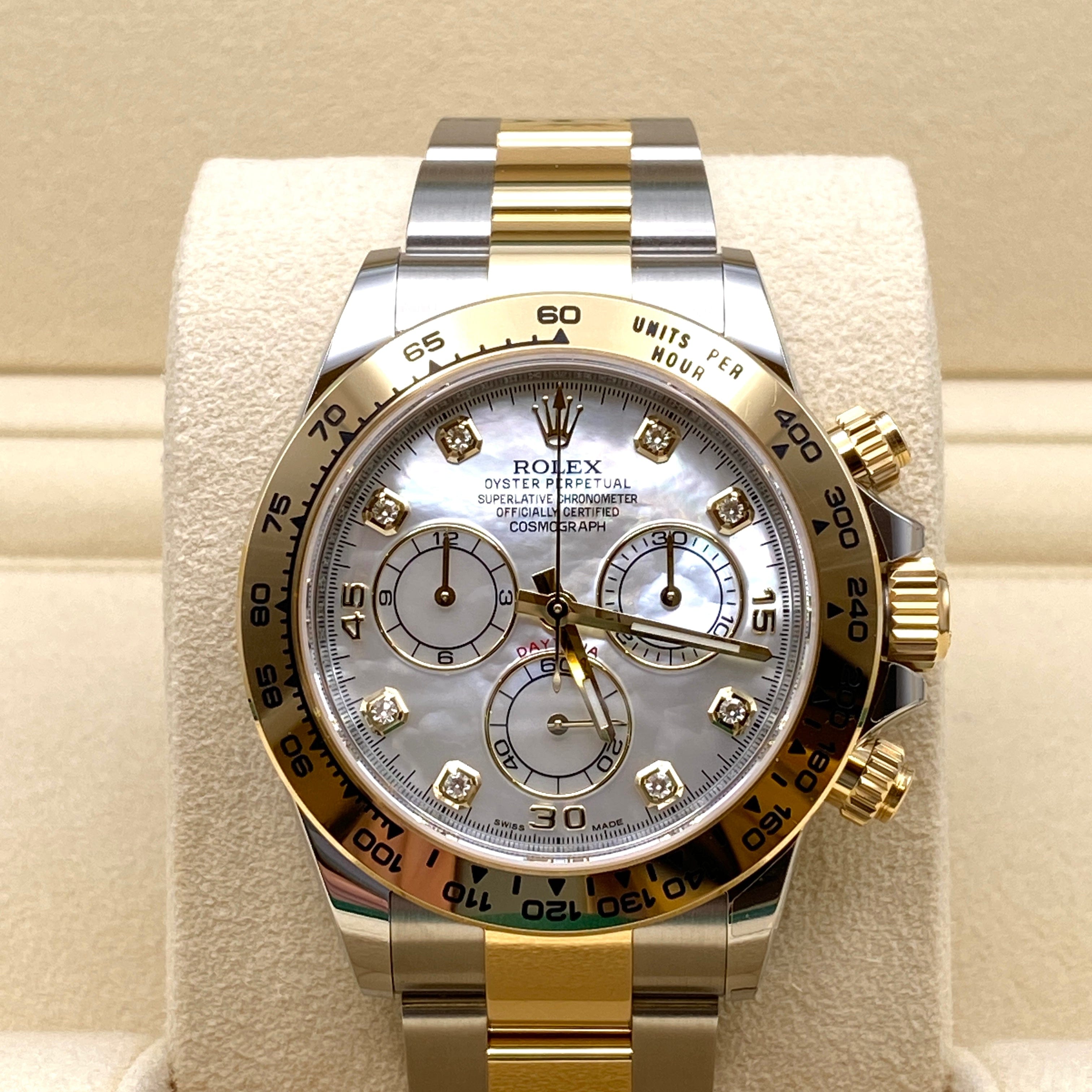 Luxury Watch Rolex Daytona Yellow Gold & Stainless Steel Mother of Pearl Dial 116503 Wrist Aficionado