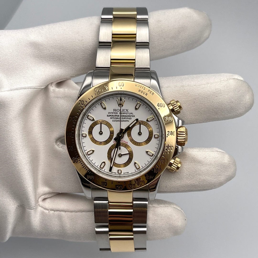 Luxury Watch Rolex Daytona Yellow Gold & Stainless Steel White Dial 116523 Wrist Aficionado