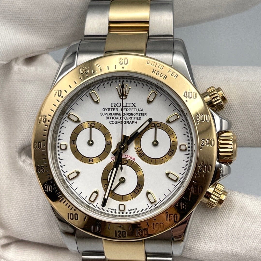 Luxury Watch Rolex Daytona Yellow Gold & Stainless Steel White Dial 116523 Wrist Aficionado