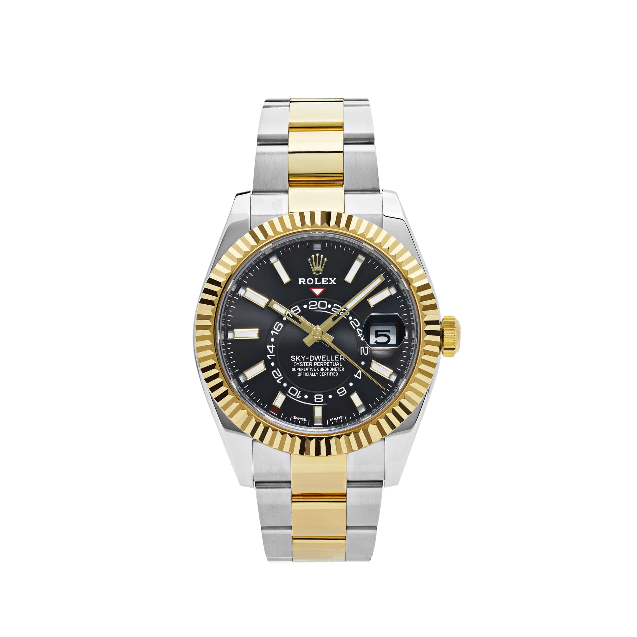 Luxury Watch Rolex Sky-Dweller 42mm Stainless Steel Yellow Gold Black Dial 326933 (2020) Wrist Aficionado