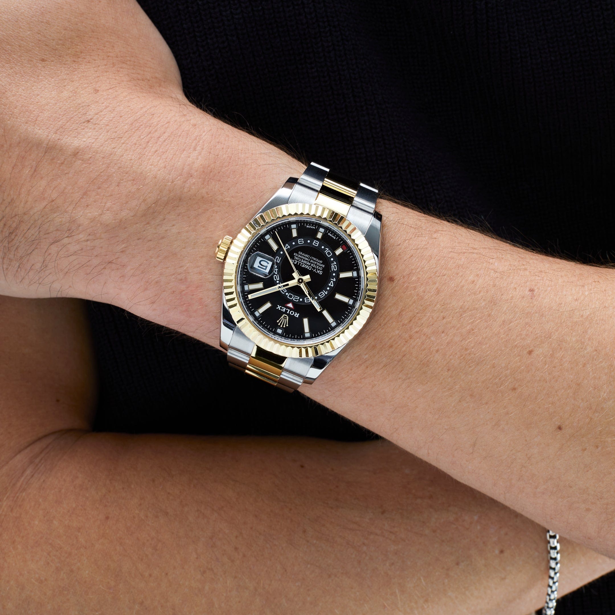 Luxury Watch Rolex Sky-Dweller 42mm Stainless Steel Yellow Gold Black Dial 326933 (2020) Wrist Aficionado