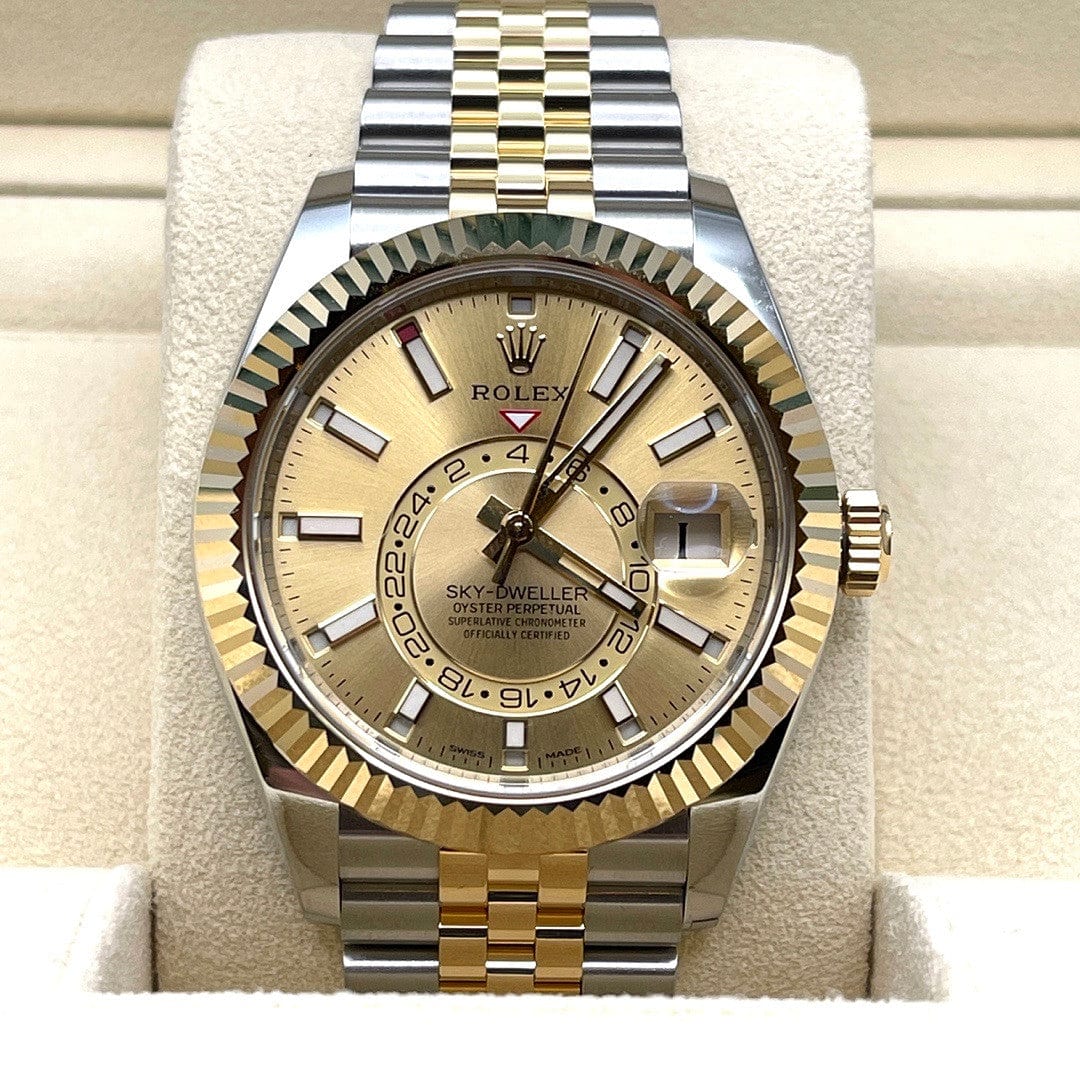 Luxury Watch Rolex Sky-Dweller 42 Stainless Steel Yellow Gold Champagne Dial 326933 Wrist Aficionado