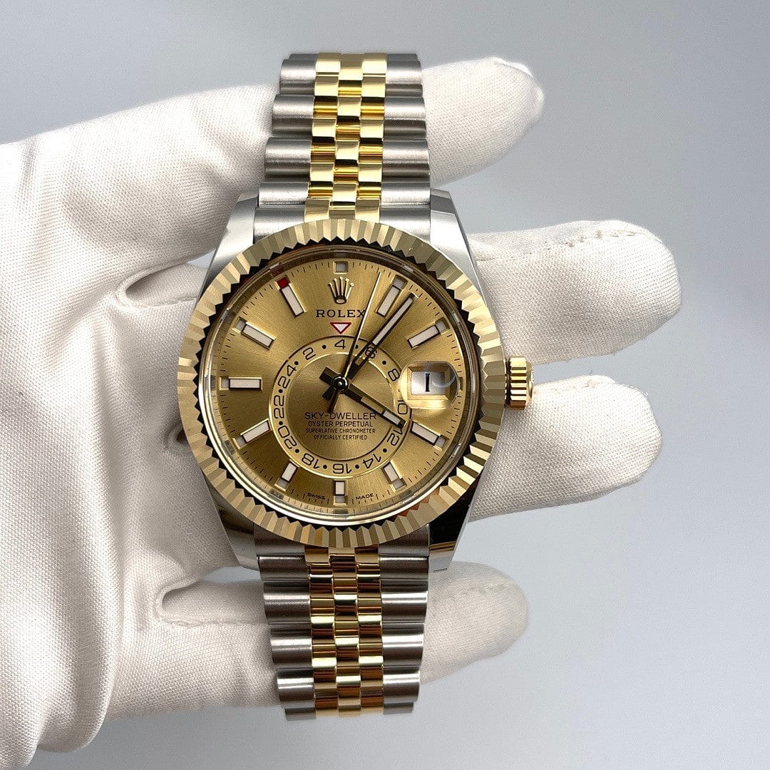 Luxury Watch Rolex Sky-Dweller 42 Stainless Steel Yellow Gold Champagne Dial 326933 Wrist Aficionado