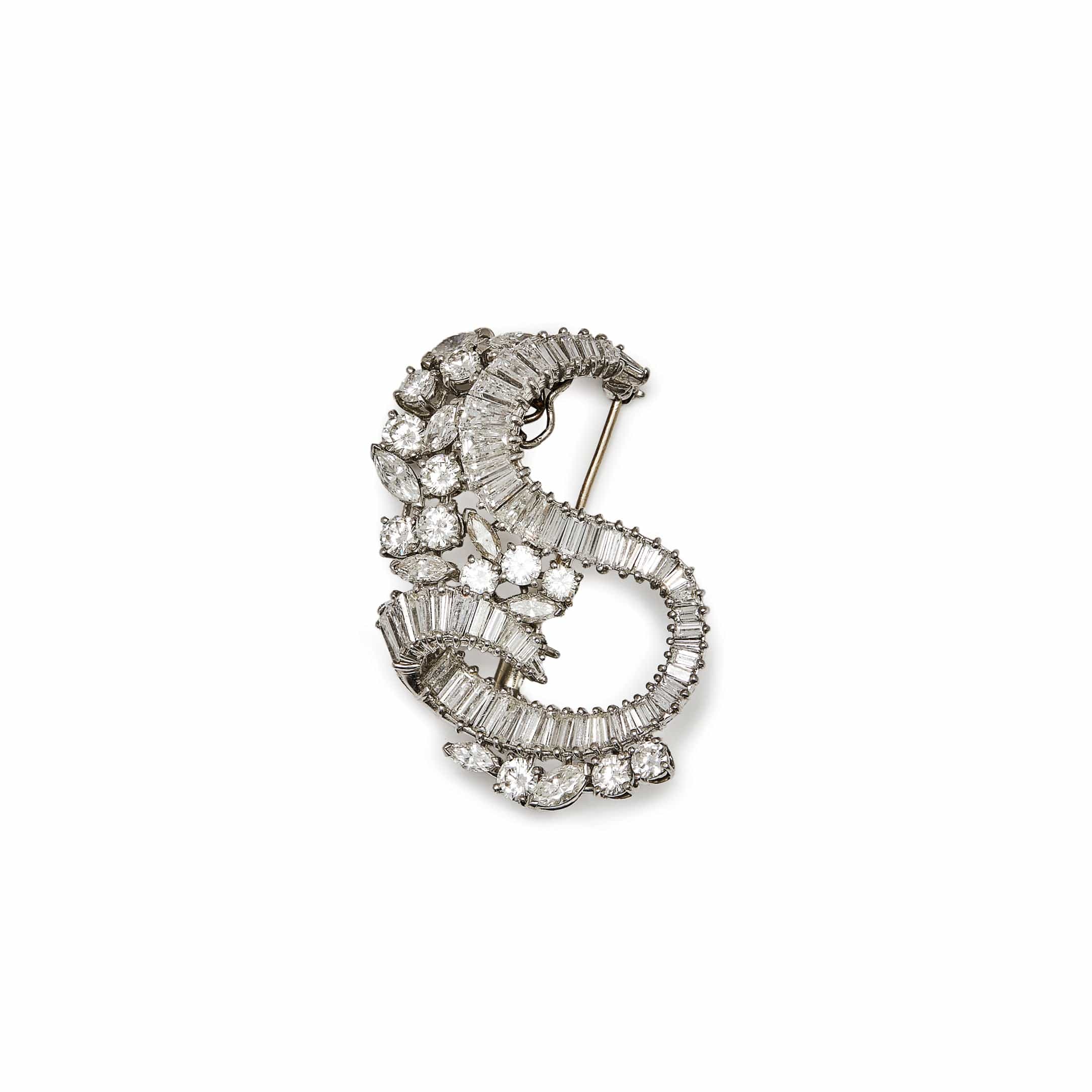 Vintage Brooch18-Karat White Gold Round Diamonds, Marquise-Shaped Diamonds, and Tapered Baguette-Cut Diamonds