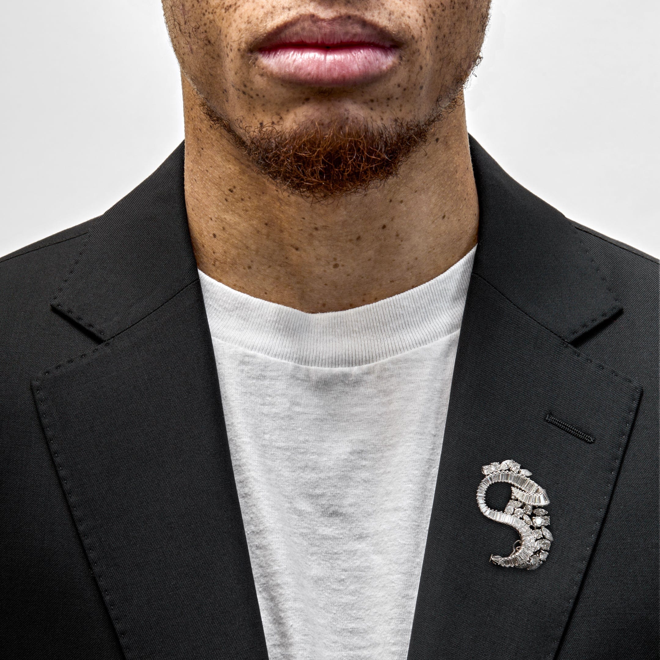 Vintage Brooch18-Karat White Gold Round Diamonds, Marquise-Shaped Diamonds, and Tapered Baguette-Cut Diamonds