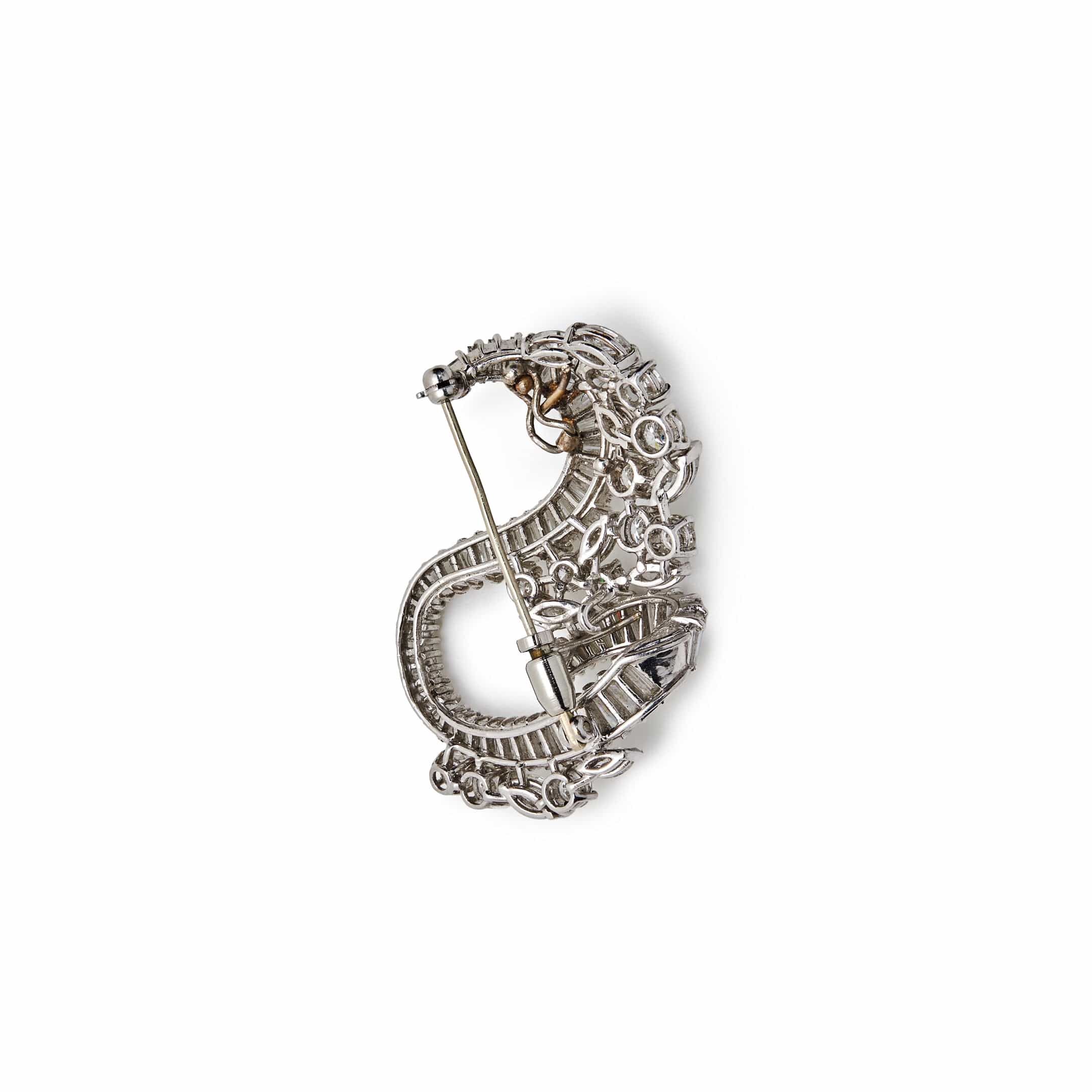 Vintage Brooch18-Karat White Gold Round Diamonds, Marquise-Shaped Diamonds, and Tapered Baguette-Cut Diamonds