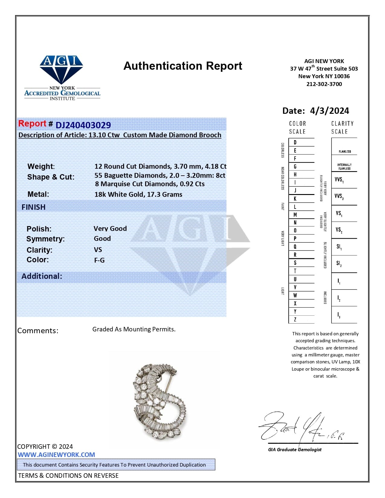 Vintage Brooch18-Karat White Gold Round Diamonds, Marquise-Shaped Diamonds, and Tapered Baguette-Cut Diamonds