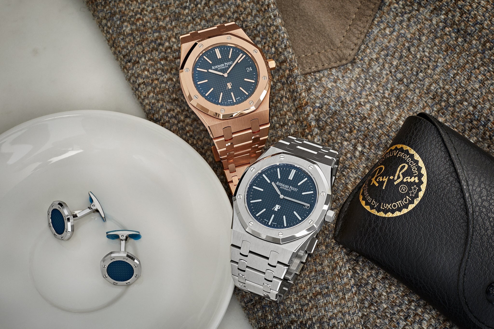 Audemars Royal Oak Oak Jumbo 15202ST and 15202OR Lifestyle Image with Audemars Piguet Cufflinks