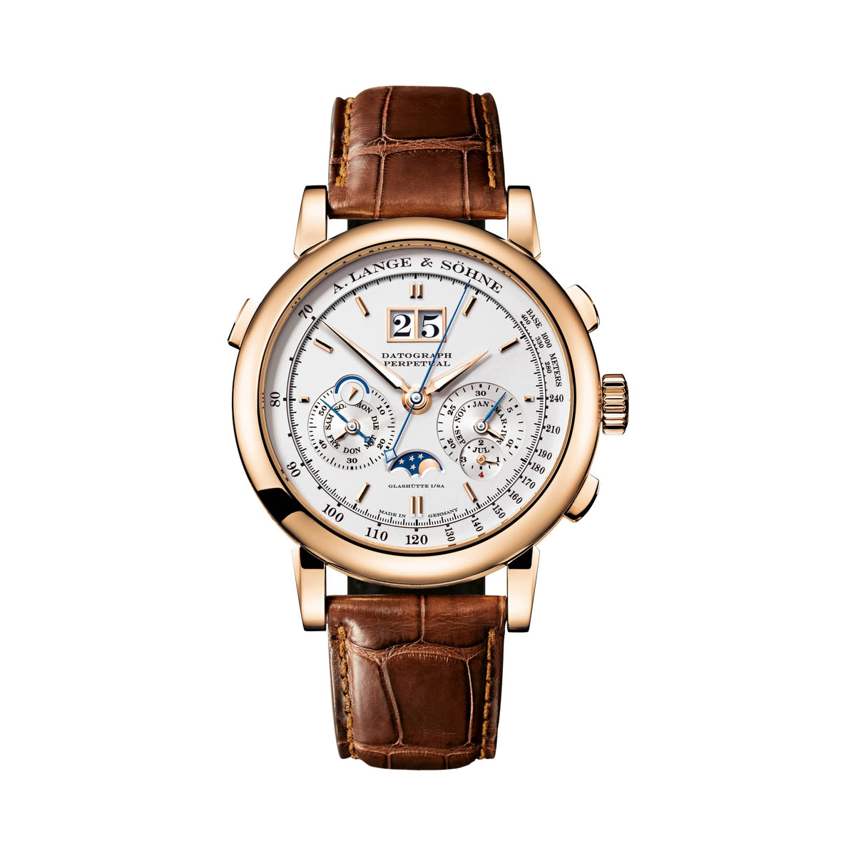 A. Lange & Söhne Saxonia Datograph Perpetual 410.032E Rose Gold Silver Dial Chronograph Moon Phase
