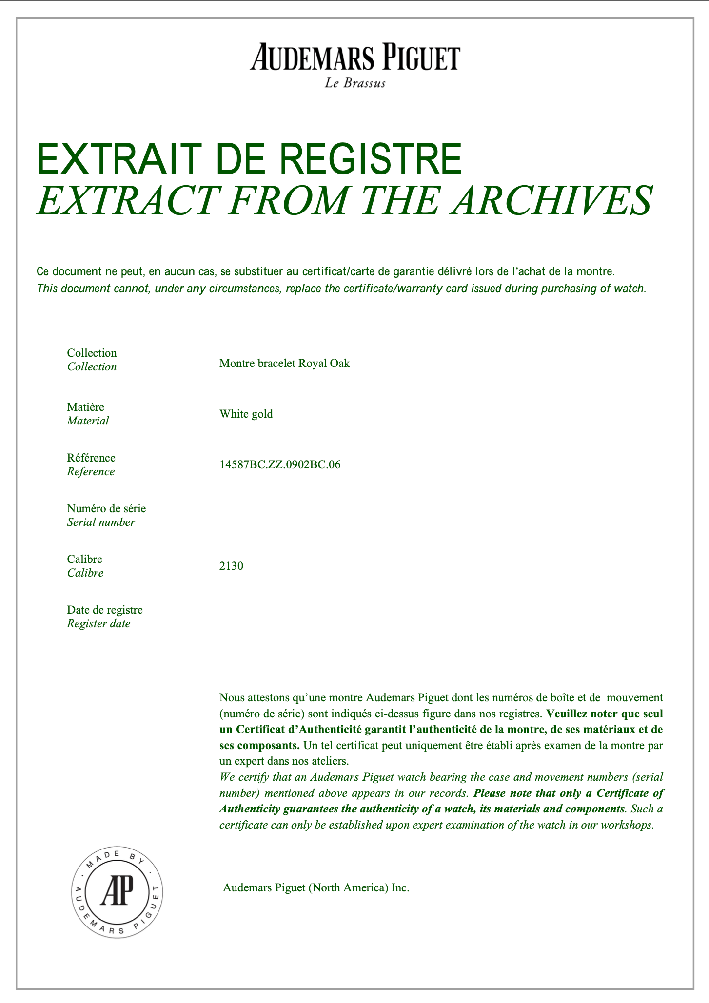 Audemars Piguet Royal Oak 14587BC 'Ladies' White Gold Diamond Emerald Set Dial Quartz (1995)