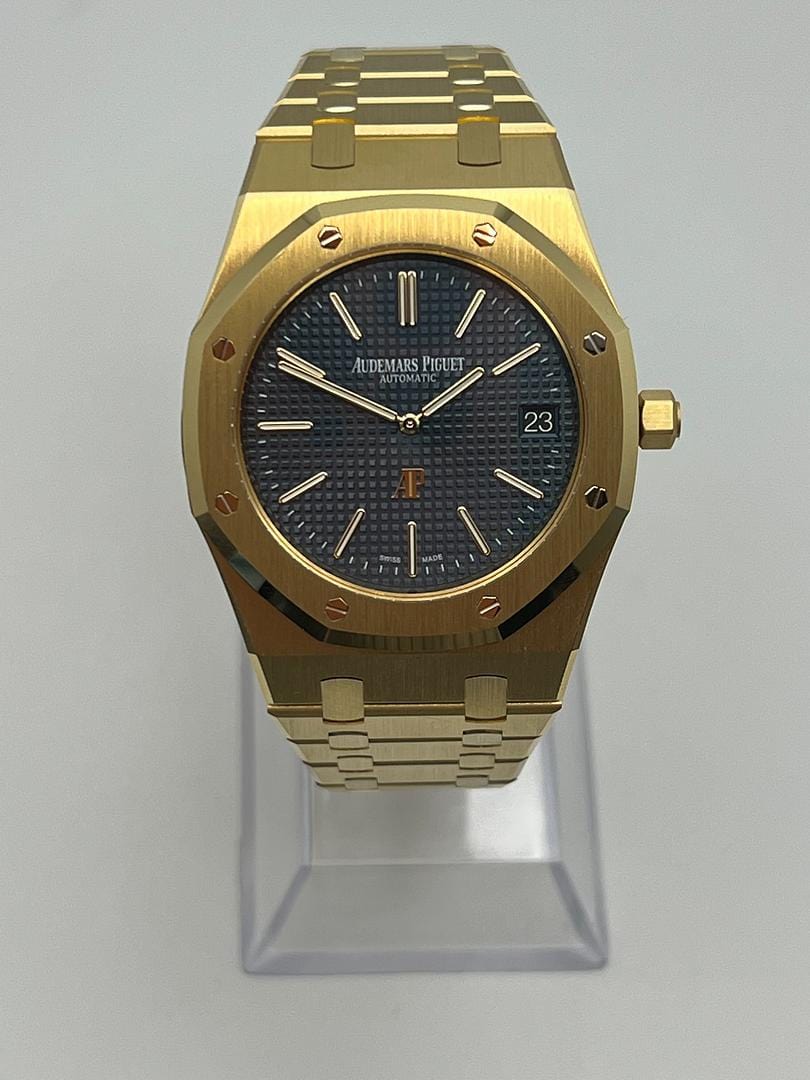 Luxury Watch Audemars Piguet Royal Oak Jumbo Extra Thin Yellow Gold Blue Dial 15202BA.OO.1240BA.01 Wrist Aficionado