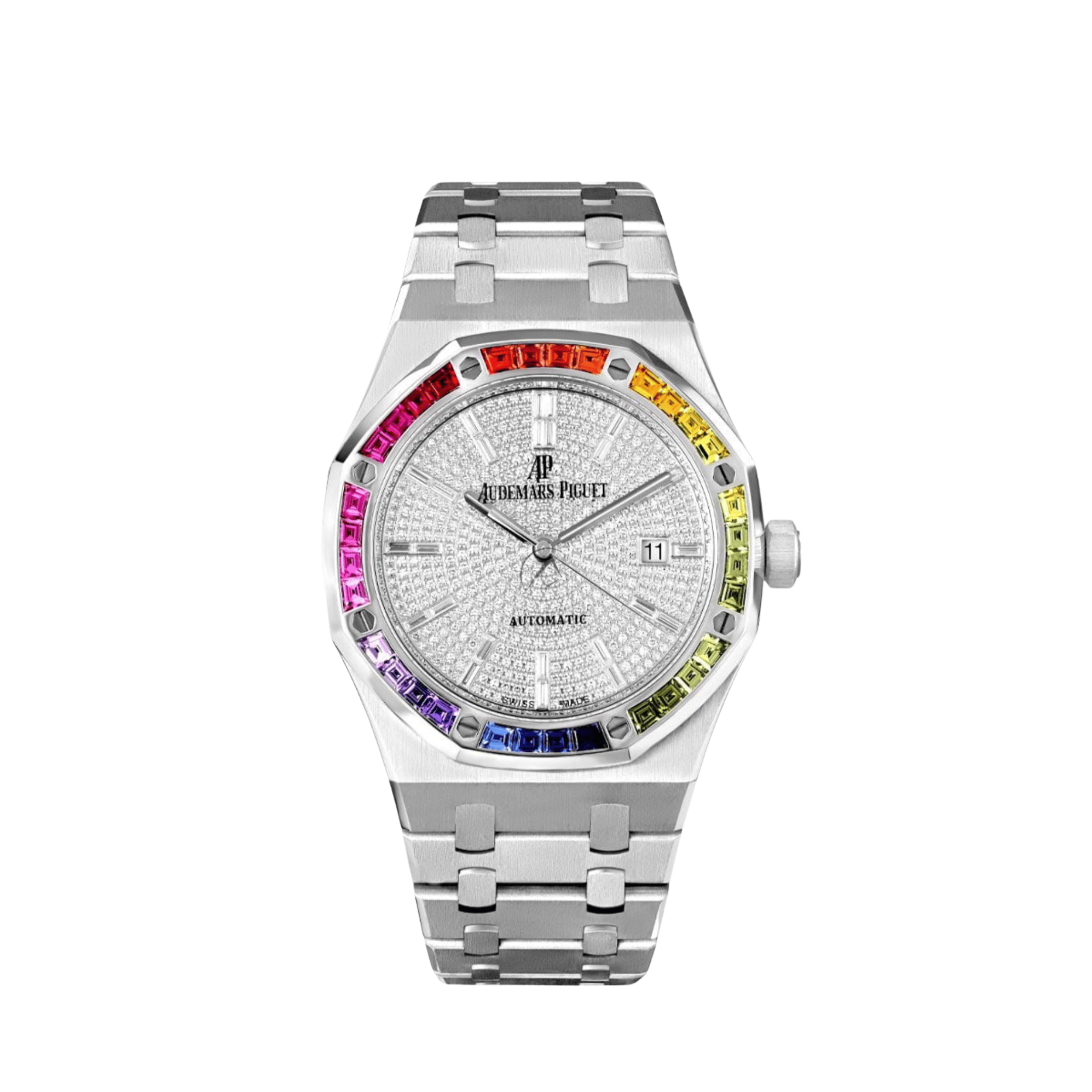 Audemars Piguet Royal Oak 15413BC.YY.1220BC.01 White Gold Rainbow Sapphires Bezel Diamond Dial Limited Edition of 10