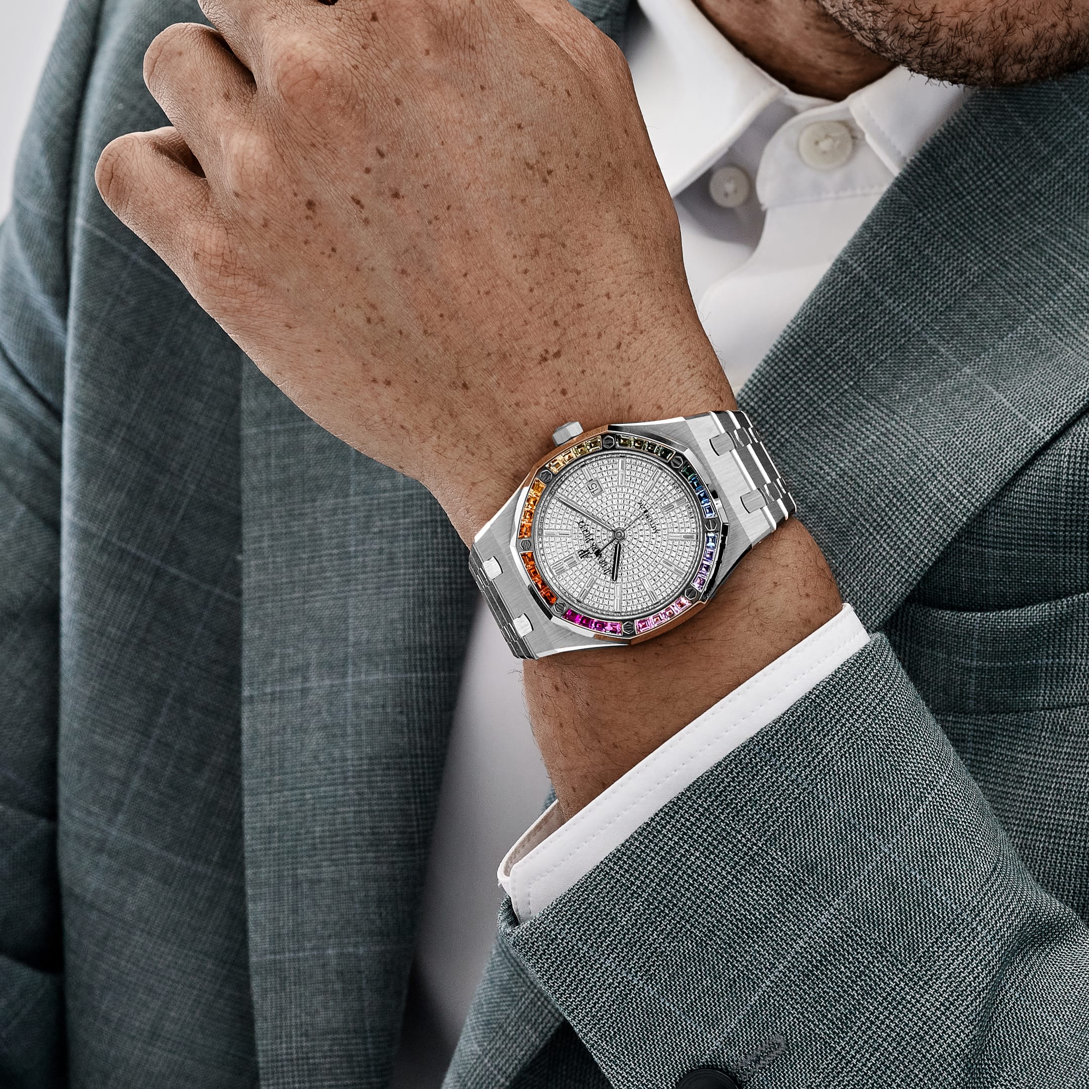 Audemars Piguet Royal Oak 15413BC.YY.1220BC.01 White Gold Rainbow Sapphires Bezel Diamond Dial Limited Edition of 10