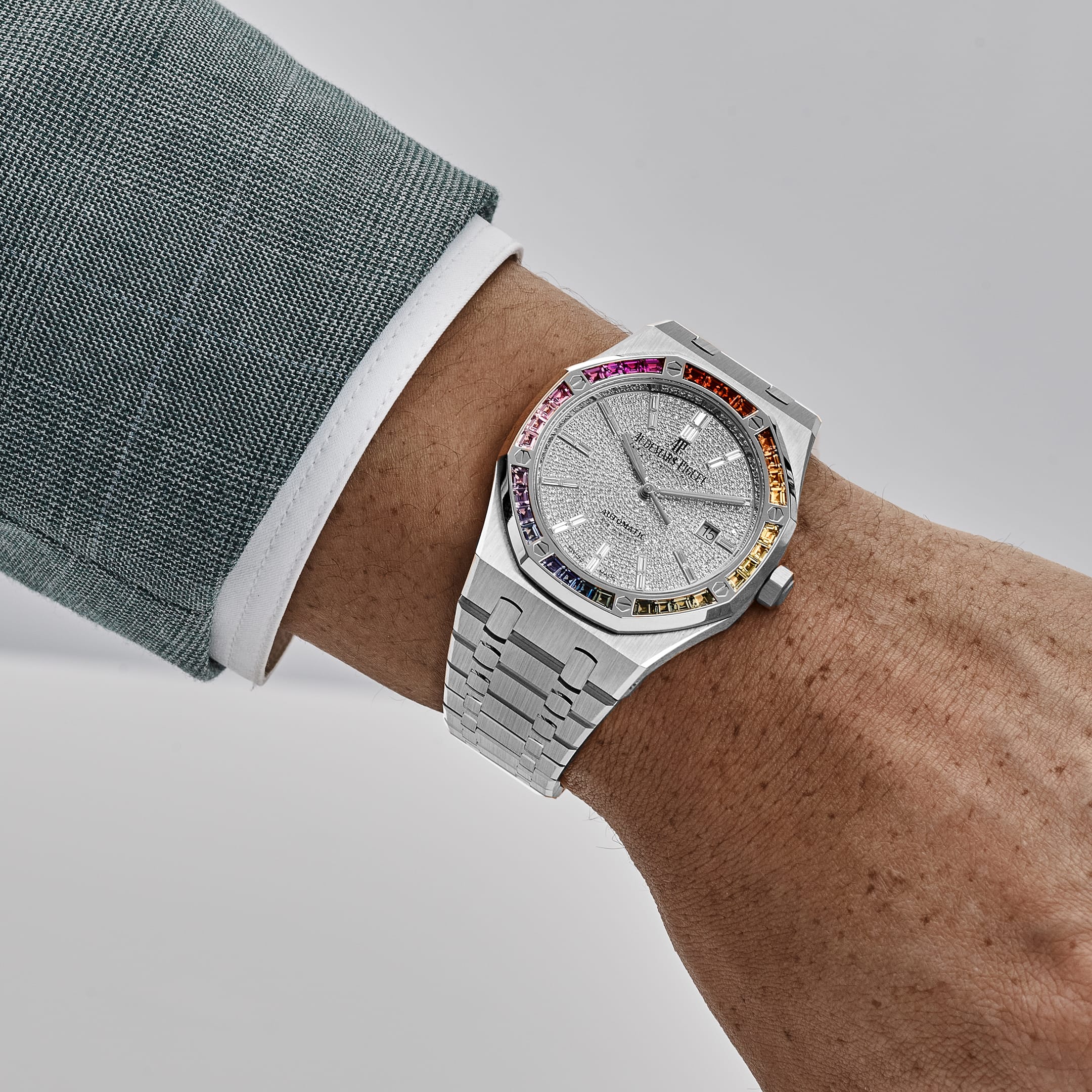 Audemars Piguet Royal Oak 15413BC.YY.1220BC.01 White Gold Rainbow Sapphires Bezel Diamond Dial Limited Edition of 10