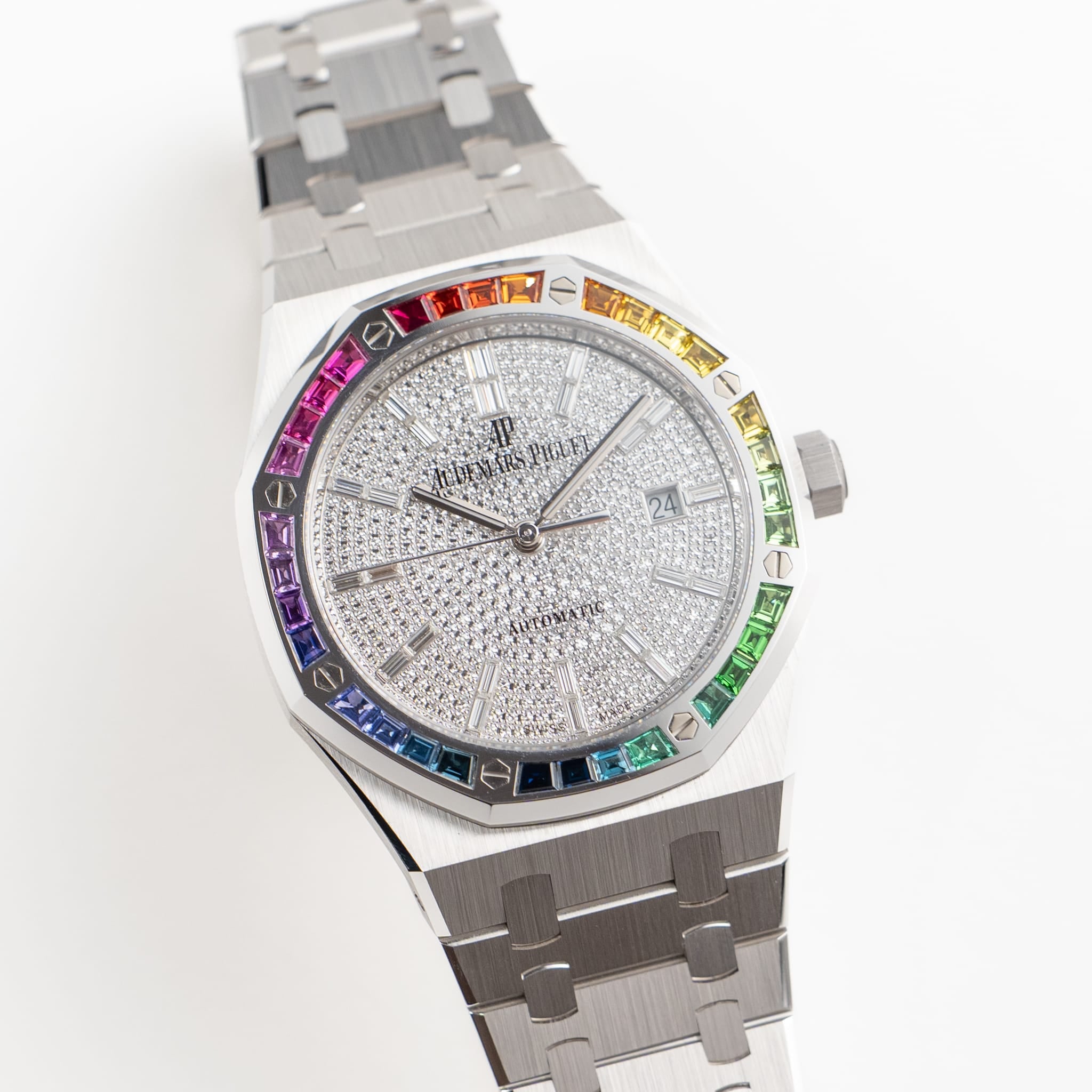 Audemars Piguet Royal Oak 15413BC.YY.1220BC.01 White Gold Rainbow Sapphires Bezel Diamond Dial Limited Edition of 10