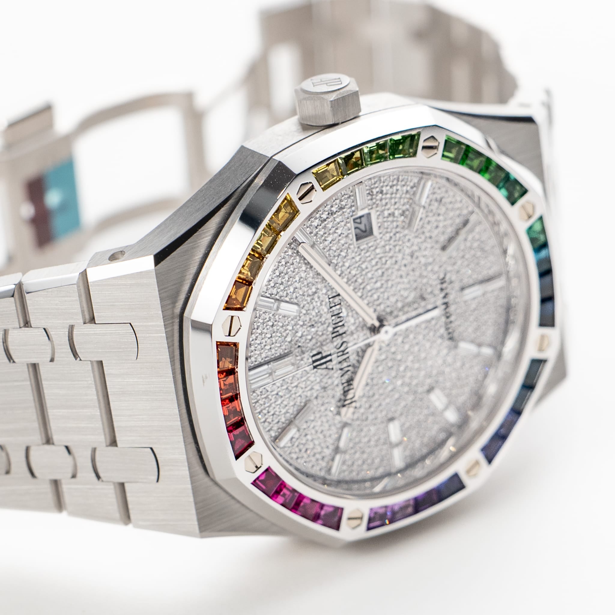 Audemars Piguet Royal Oak 15413BC.YY.1220BC.01 White Gold Rainbow Sapphires Bezel Diamond Dial Limited Edition of 10