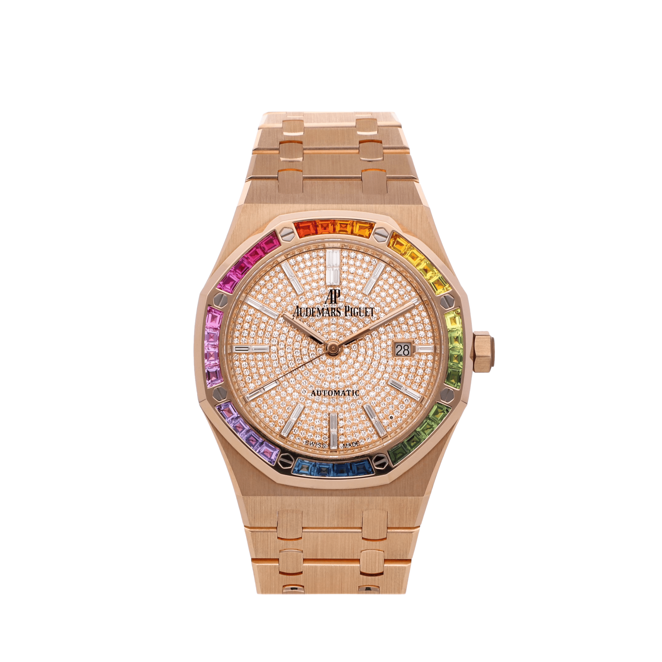 Audemars Piguet Royal Oak 15413OR.YY.1220OR.01 Rose Gold Rainbow Sapphires Bezel Diamond Dial
