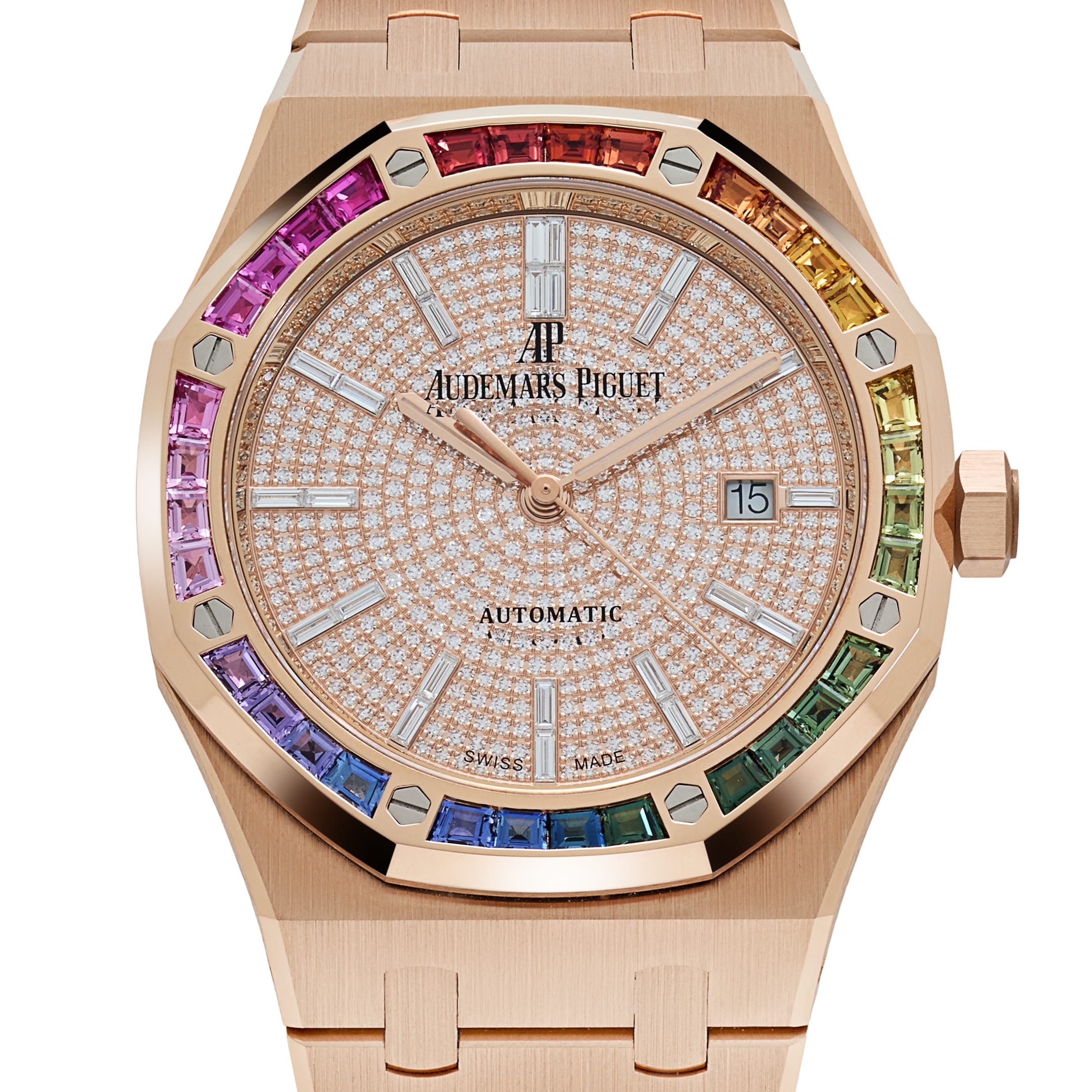 Audemars Piguet Royal Oak 15413OR.YY.1220OR.01 Rose Gold Rainbow Sapphires Bezel Diamond Dial