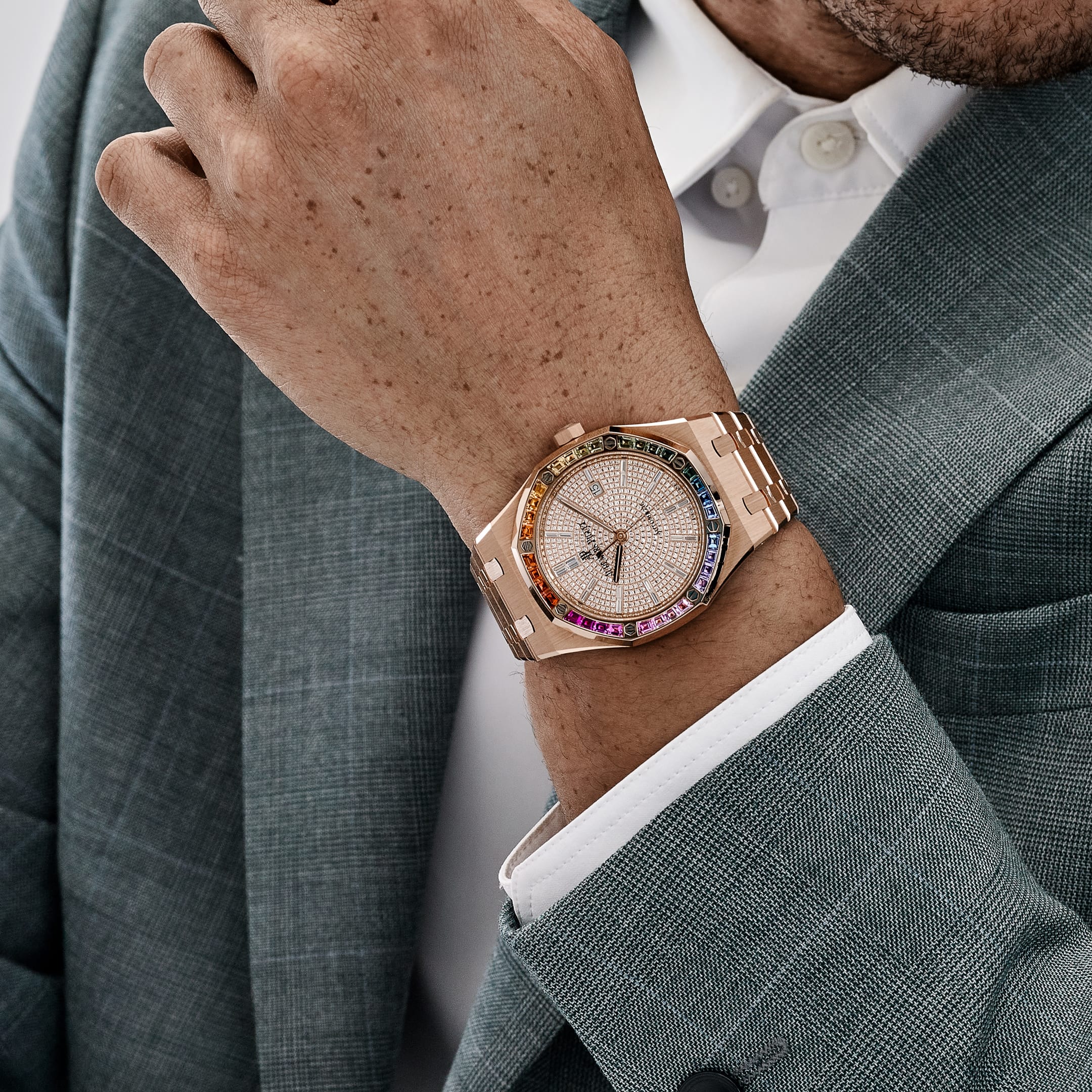 Audemars Piguet Royal Oak 15413OR.YY.1220OR.01 Rose Gold Rainbow Sapphires Bezel Diamond Dial