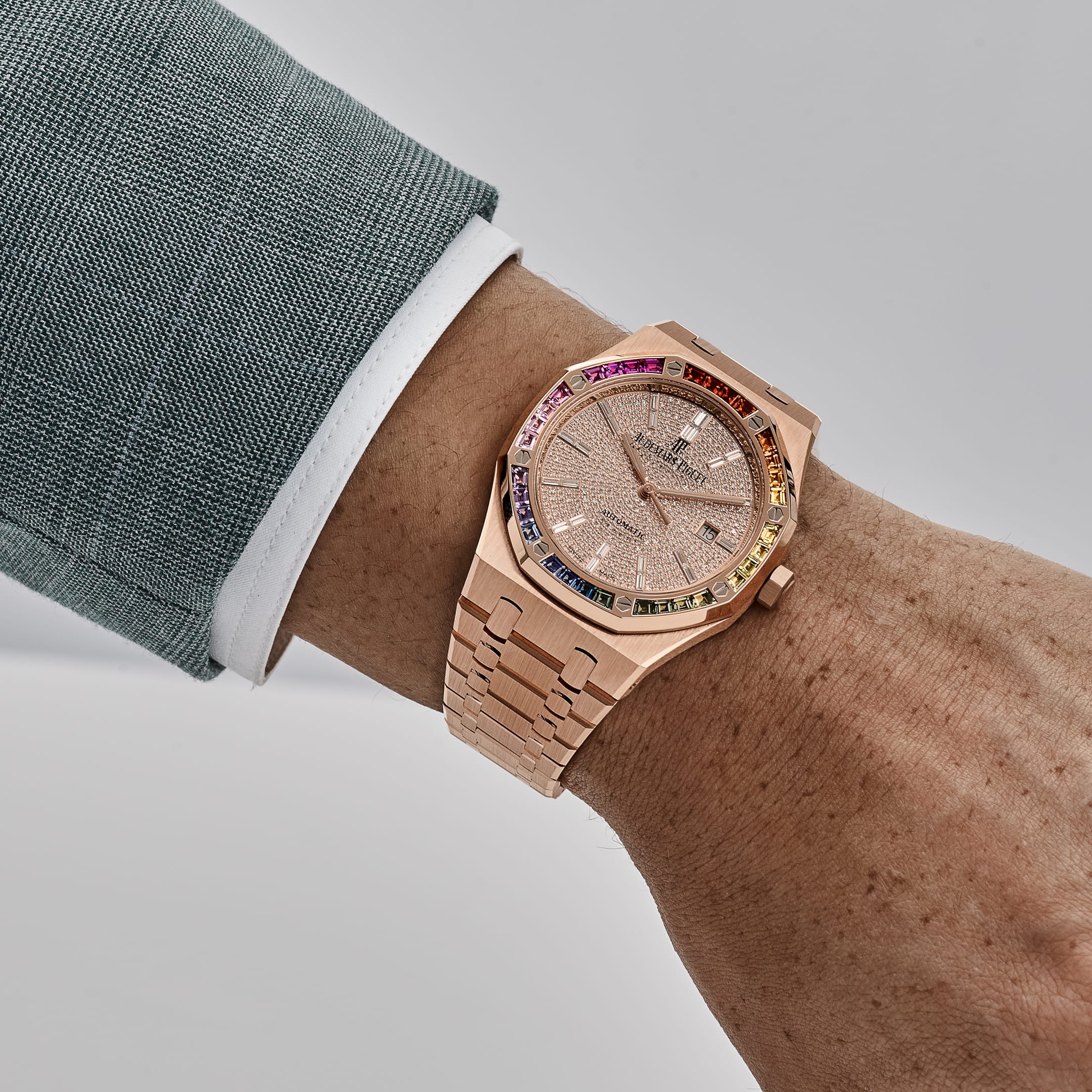 Audemars Piguet Royal Oak 15413OR.YY.1220OR.01 Rose Gold Rainbow Sapphires Bezel Diamond Dial