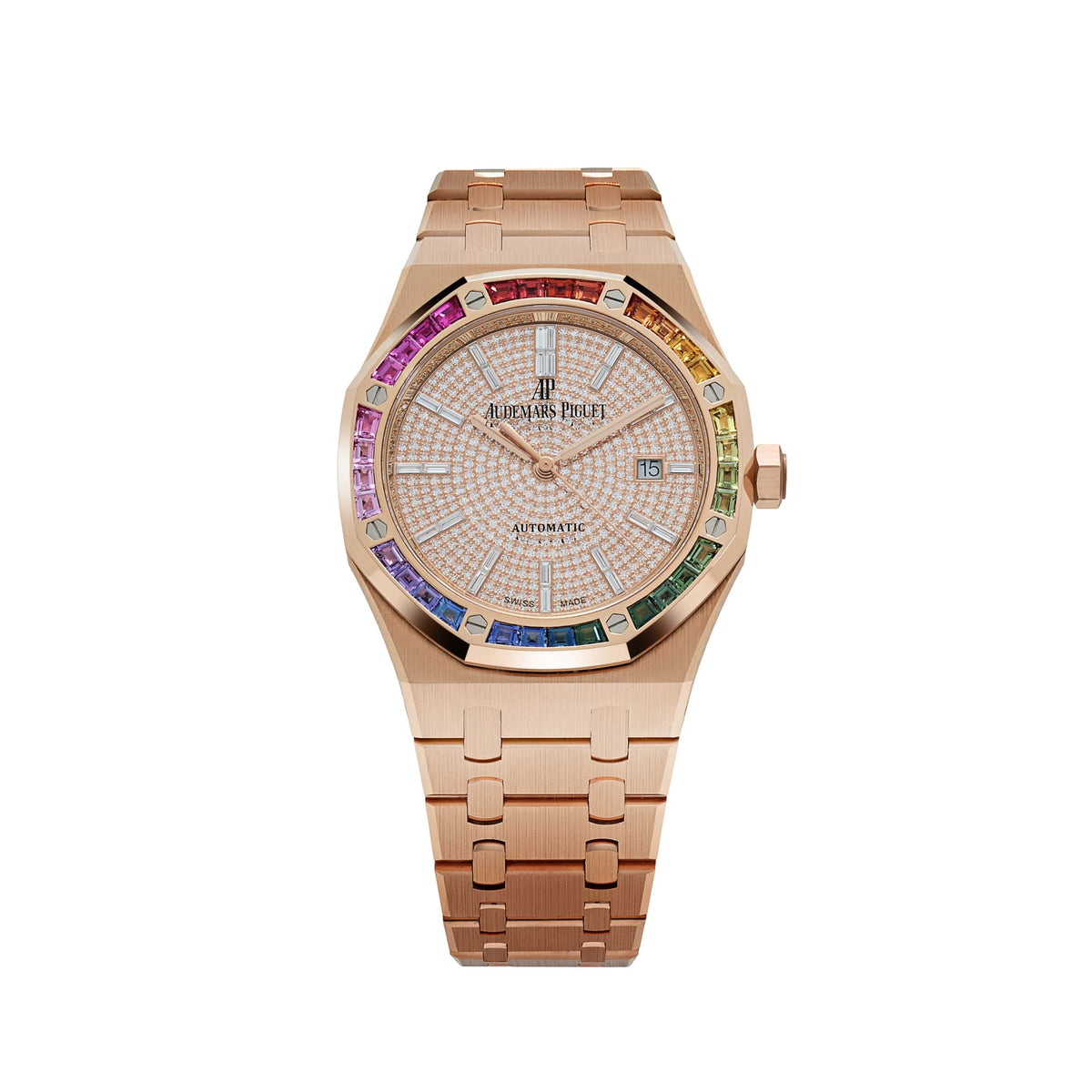 Audemars Piguet Royal Oak 15413OR.YY.1220OR.01 Rose Gold Rainbow Sapphires Bezel Diamond Dial