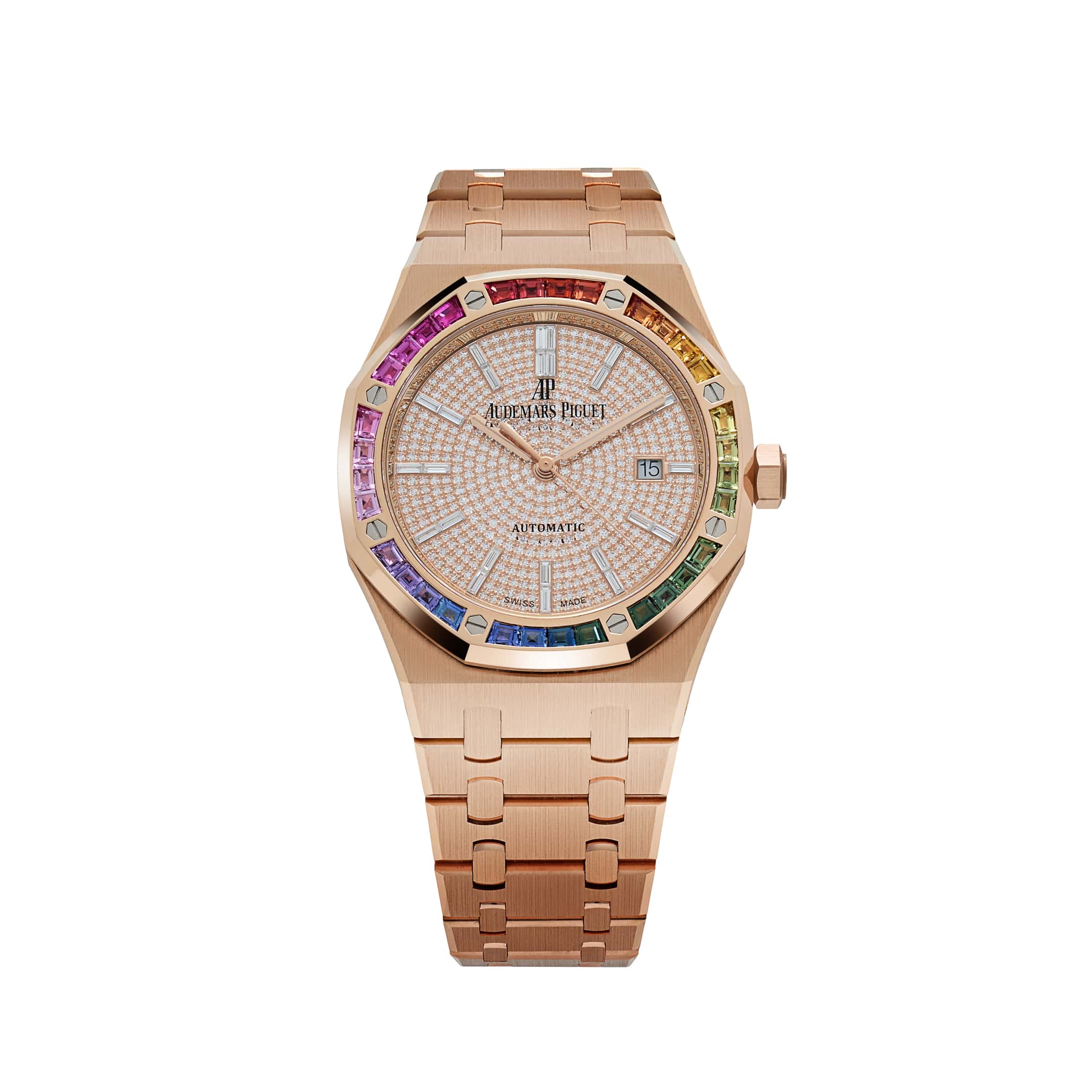 Audemars Piguet Royal Oak 15413OR.YY.1220OR.01 Rose Gold Rainbow Sapphires Bezel Diamond Dial