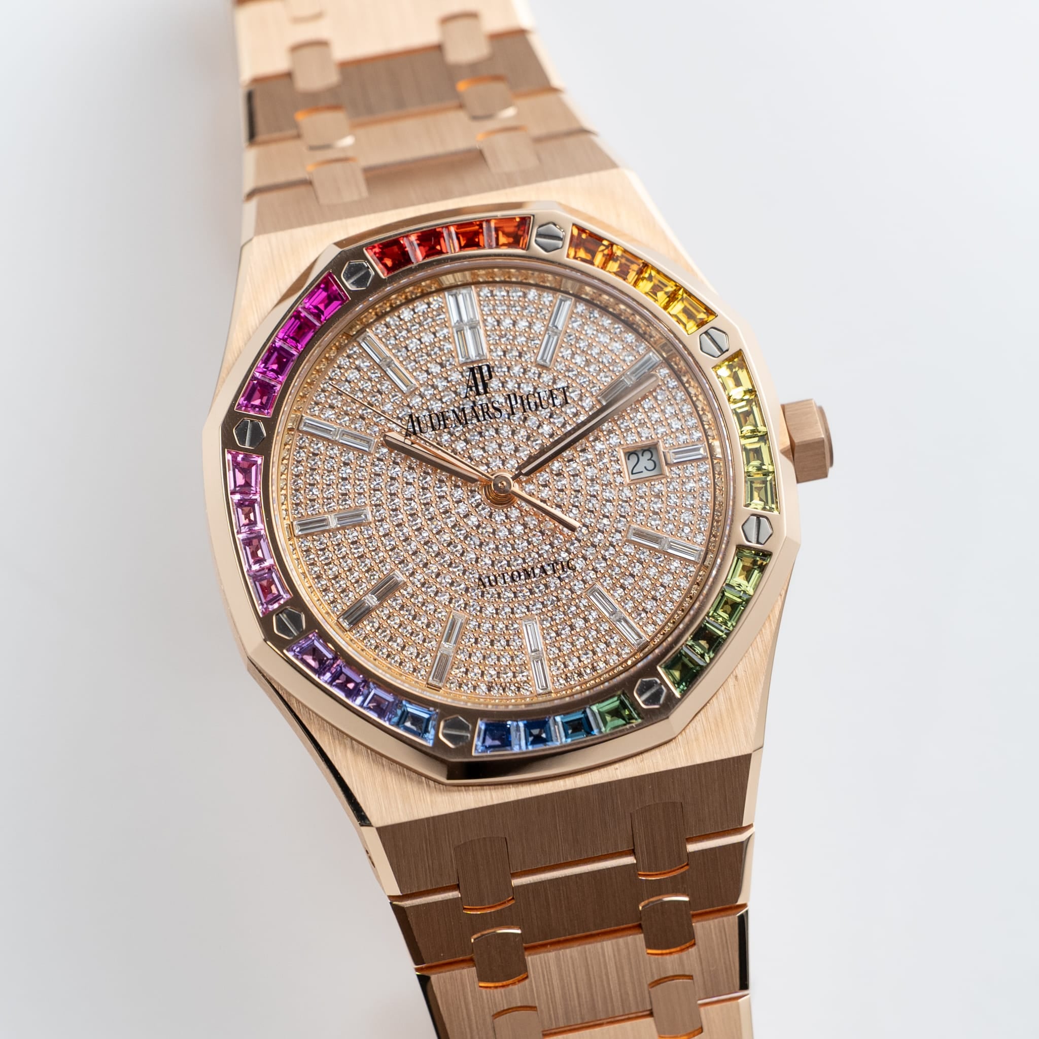 Audemars Piguet Royal Oak 15413OR.YY.1220OR.01 Rose Gold Rainbow Sapphires Bezel Diamond Dial