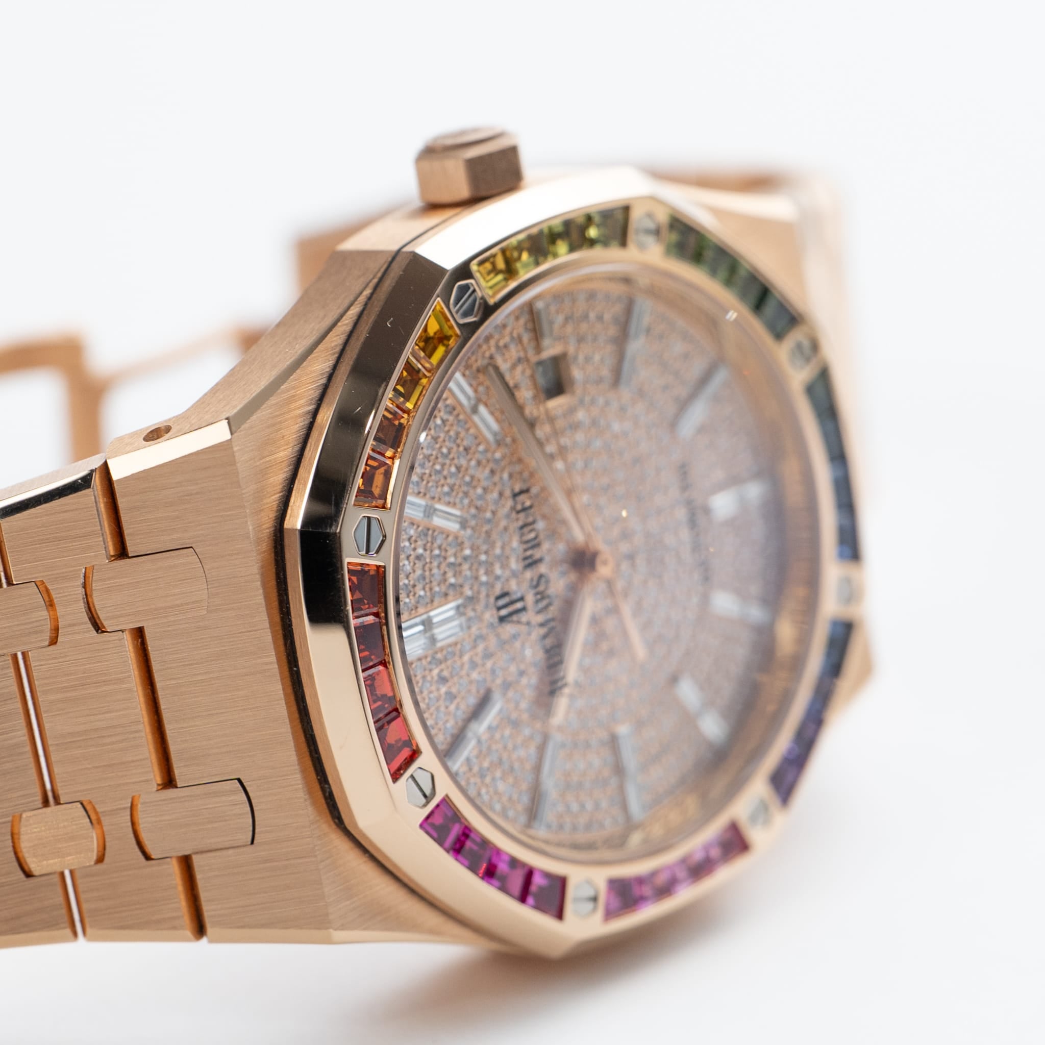 Audemars Piguet Royal Oak 15413OR.YY.1220OR.01 Rose Gold Rainbow Sapphires Bezel Diamond Dial