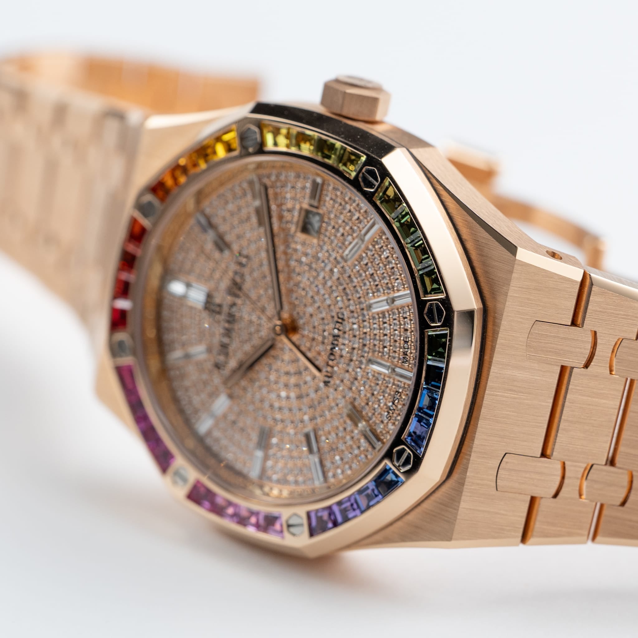 Audemars Piguet Royal Oak 15413OR.YY.1220OR.01 Rose Gold Rainbow Sapphires Bezel Diamond Dial