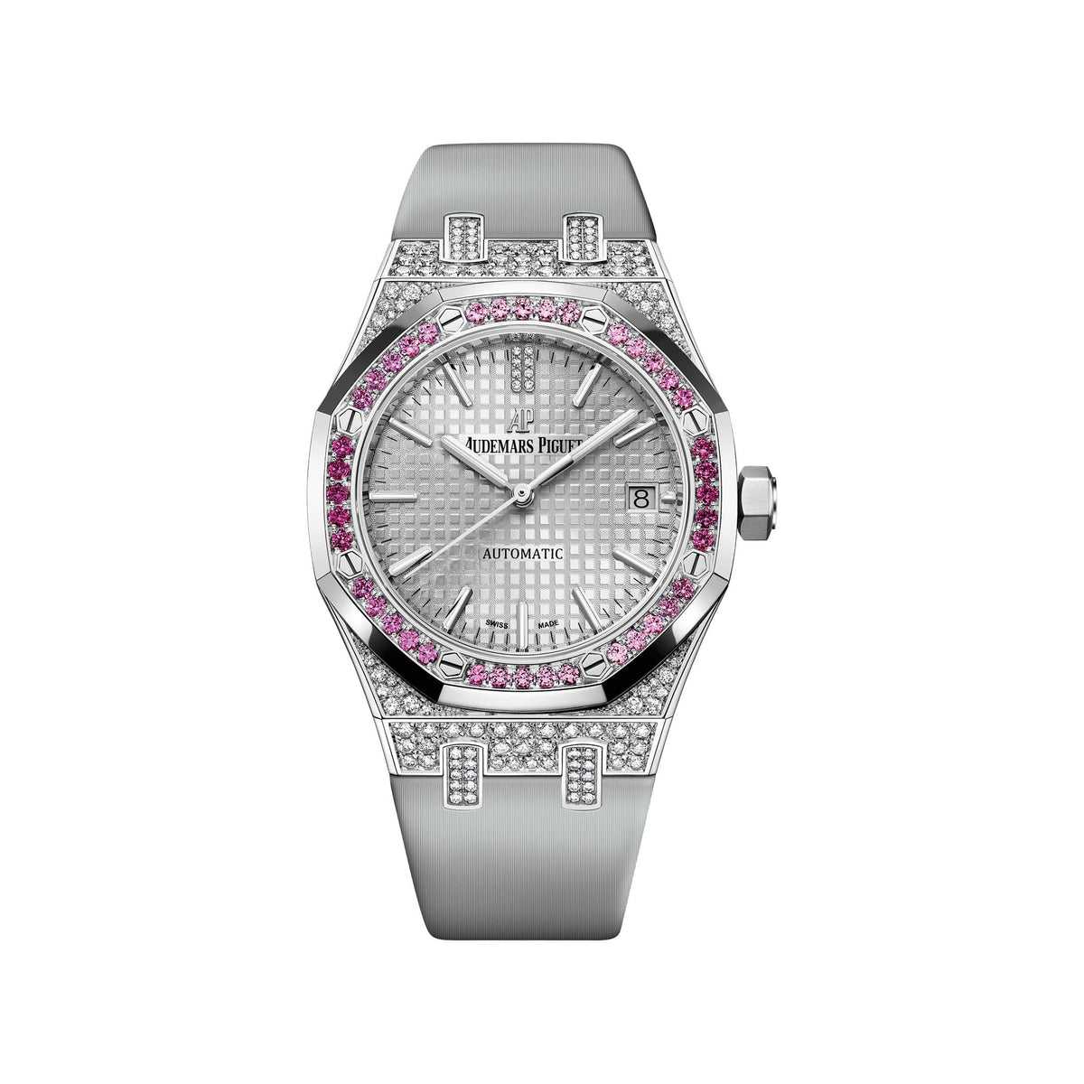Audemars Piguet Royal Oak 15452BC.ZY.D007VE.01 'Ladies' White Gold Silver Dial Sapphire Ruby Bezel