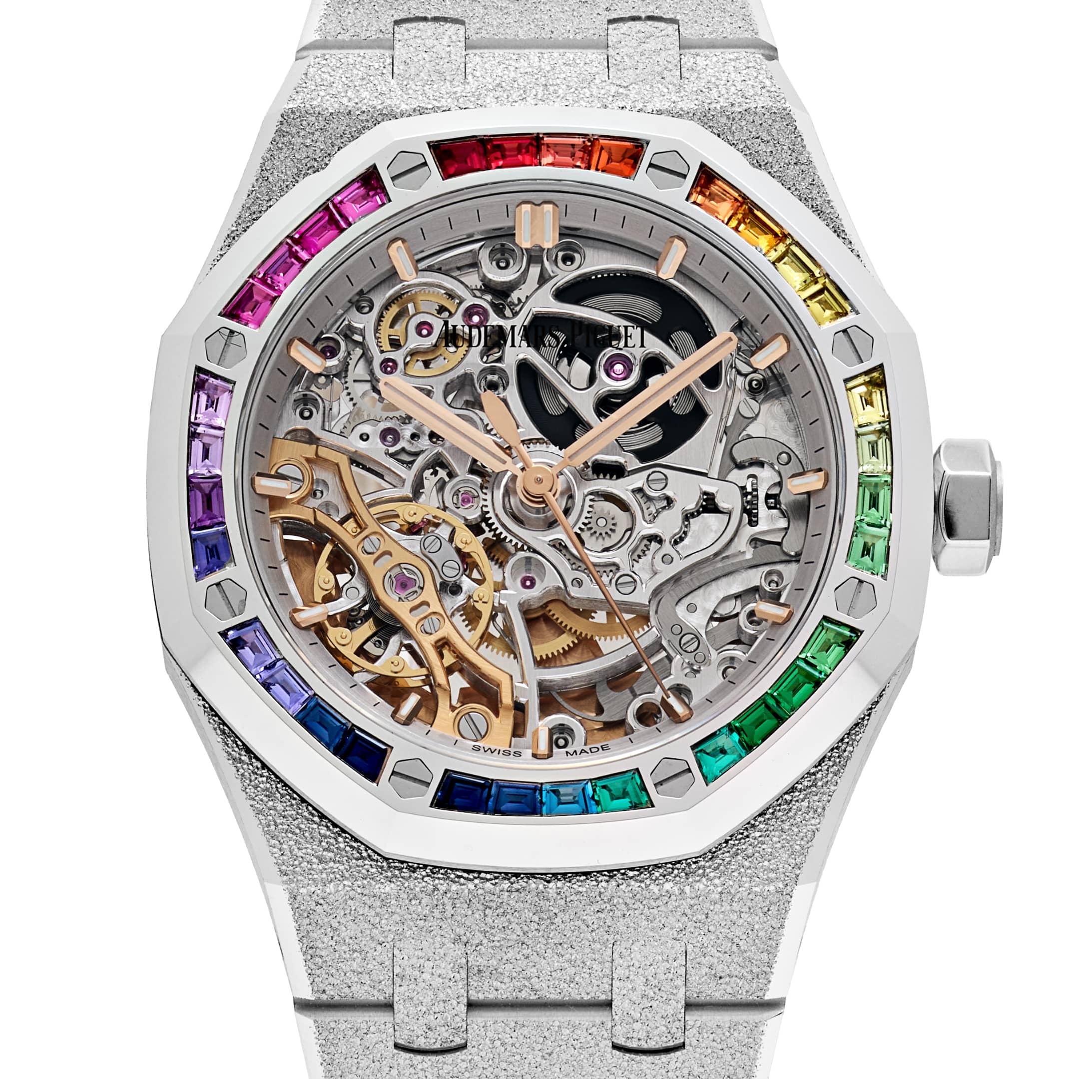 Audemars Piguet Royal Oak 15468BC.YG.1259BC.01-B Double Balance Wheel Frosted White Gold Rainbow Sapphires Bezel Openworked Dial