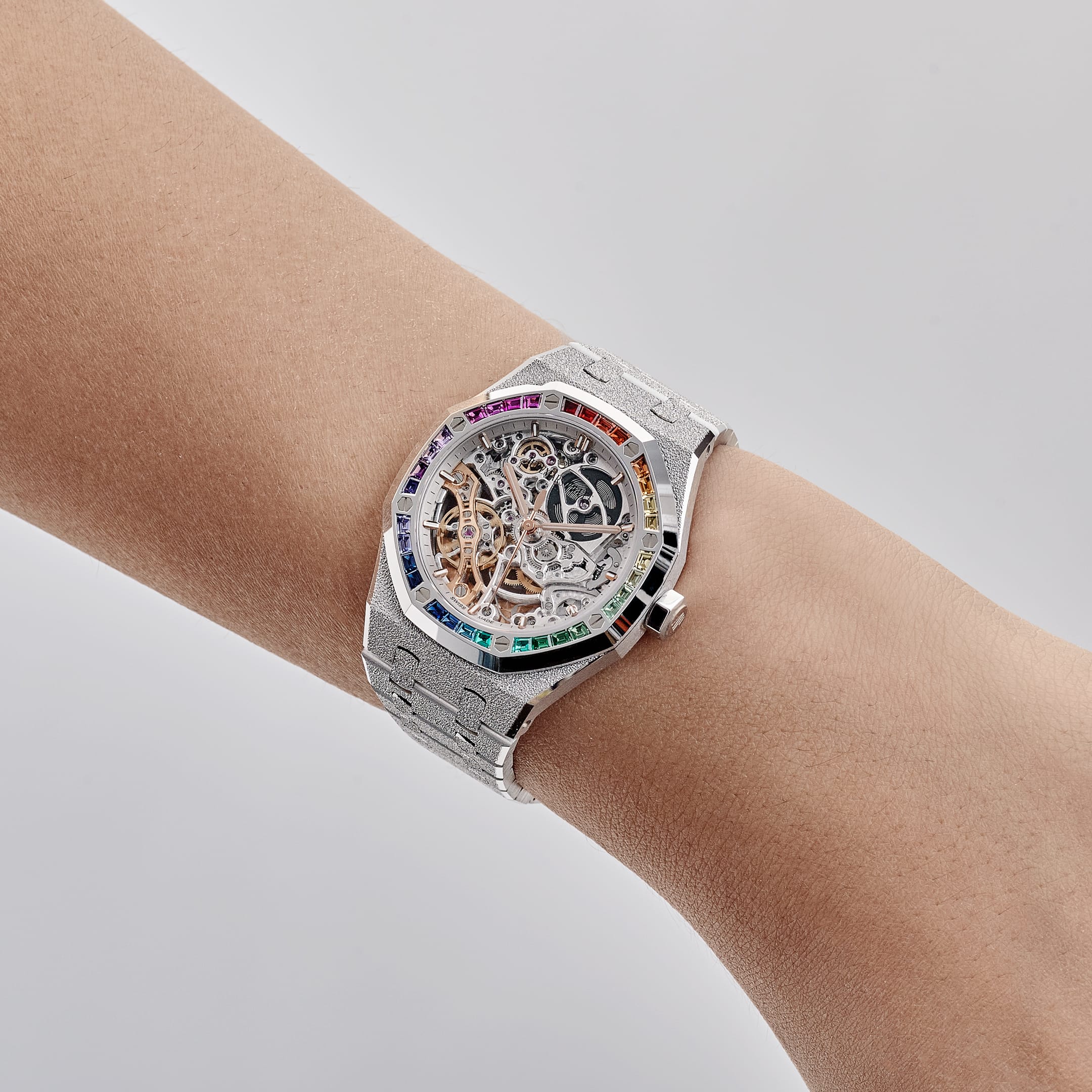 Audemars Piguet Royal Oak 15468BC.YG.1259BC.01-B Double Balance Wheel Frosted White Gold Rainbow Sapphires Bezel Openworked Dial