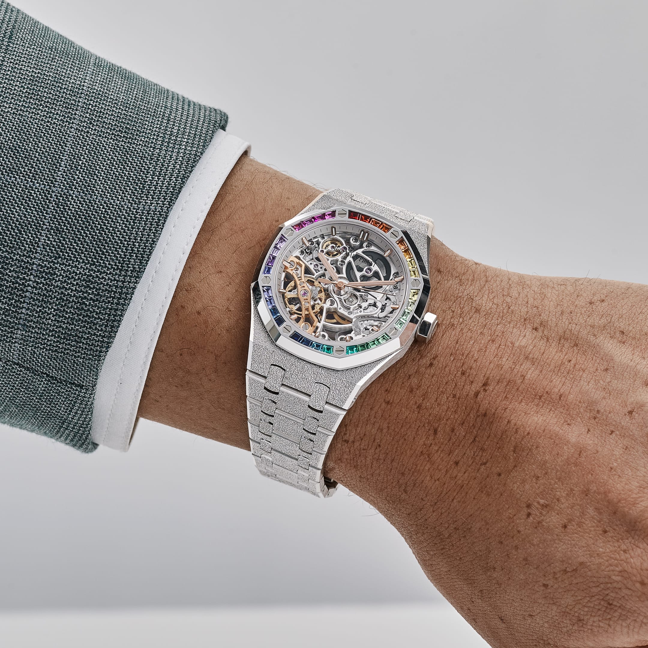 Audemars Piguet Royal Oak 15468BC.YG.1259BC.01-B Double Balance Wheel Frosted White Gold Rainbow Sapphires Bezel Openworked Dial