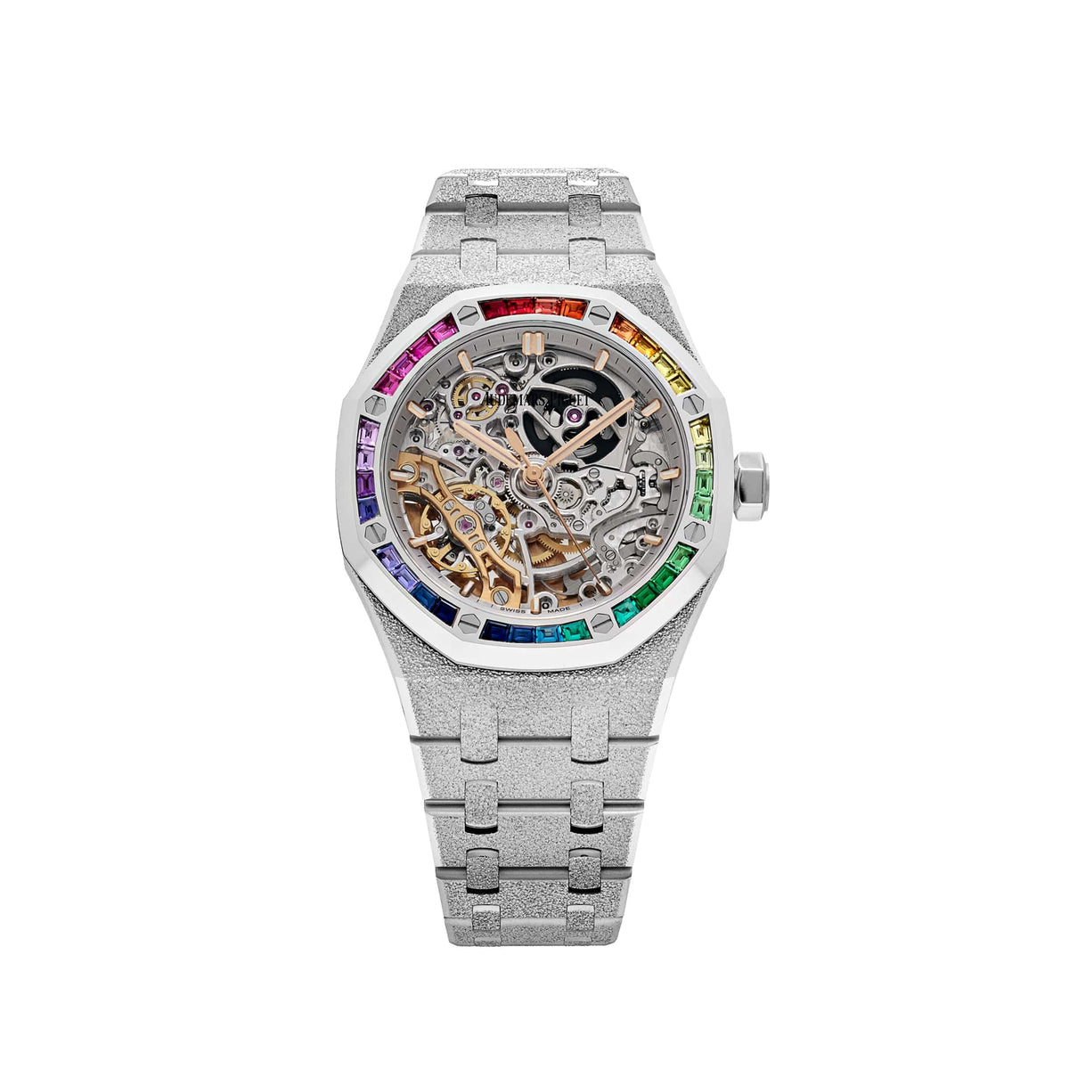 Audemars Piguet Royal Oak 15468BC.YG.1259BC.01-B Double Balance Wheel Frosted White Gold Rainbow Sapphires Bezel Openworked Dial (2021)