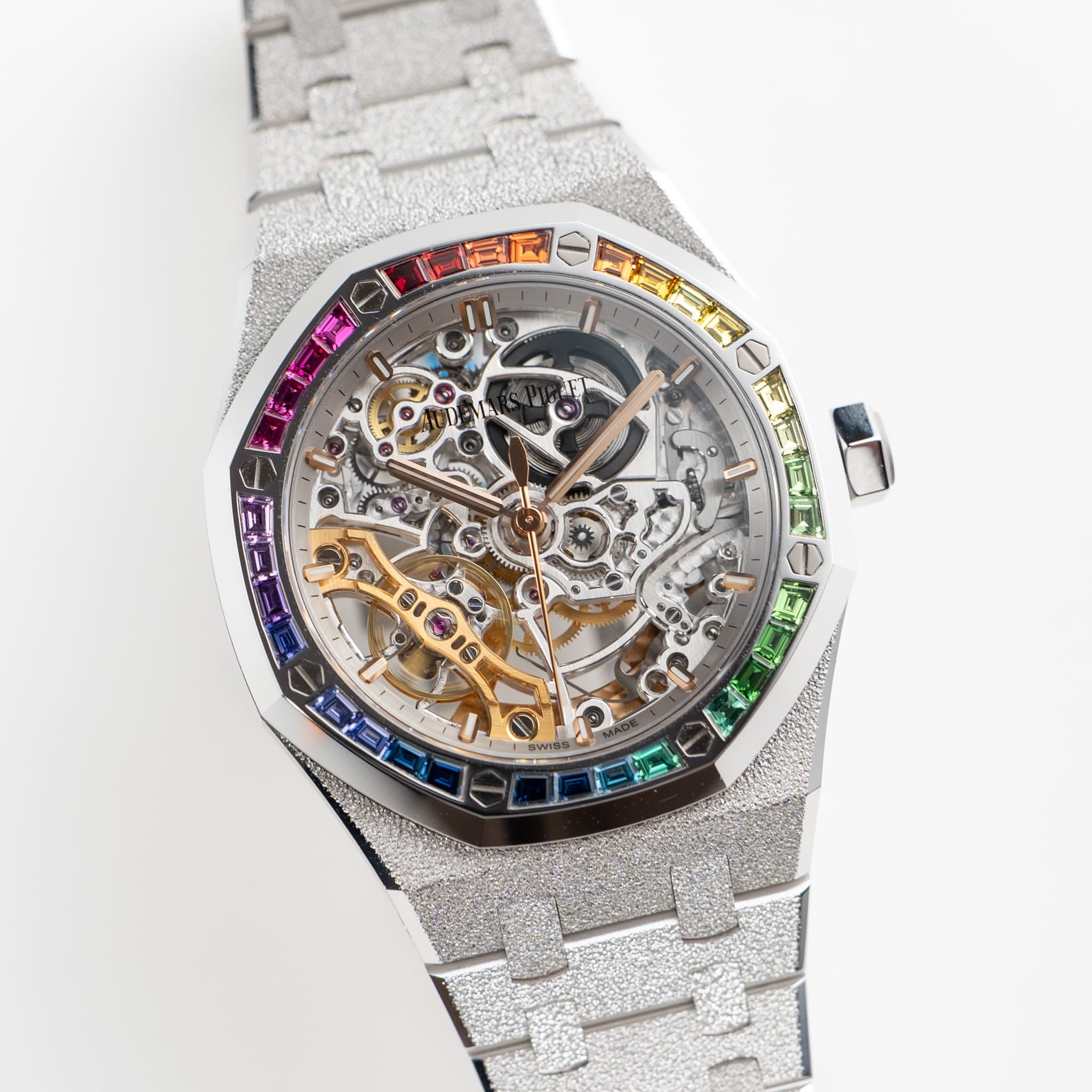 Audemars Piguet Royal Oak 15468BC.YG.1259BC.01-B Double Balance Wheel Frosted White Gold Rainbow Sapphires Bezel Openworked Dial