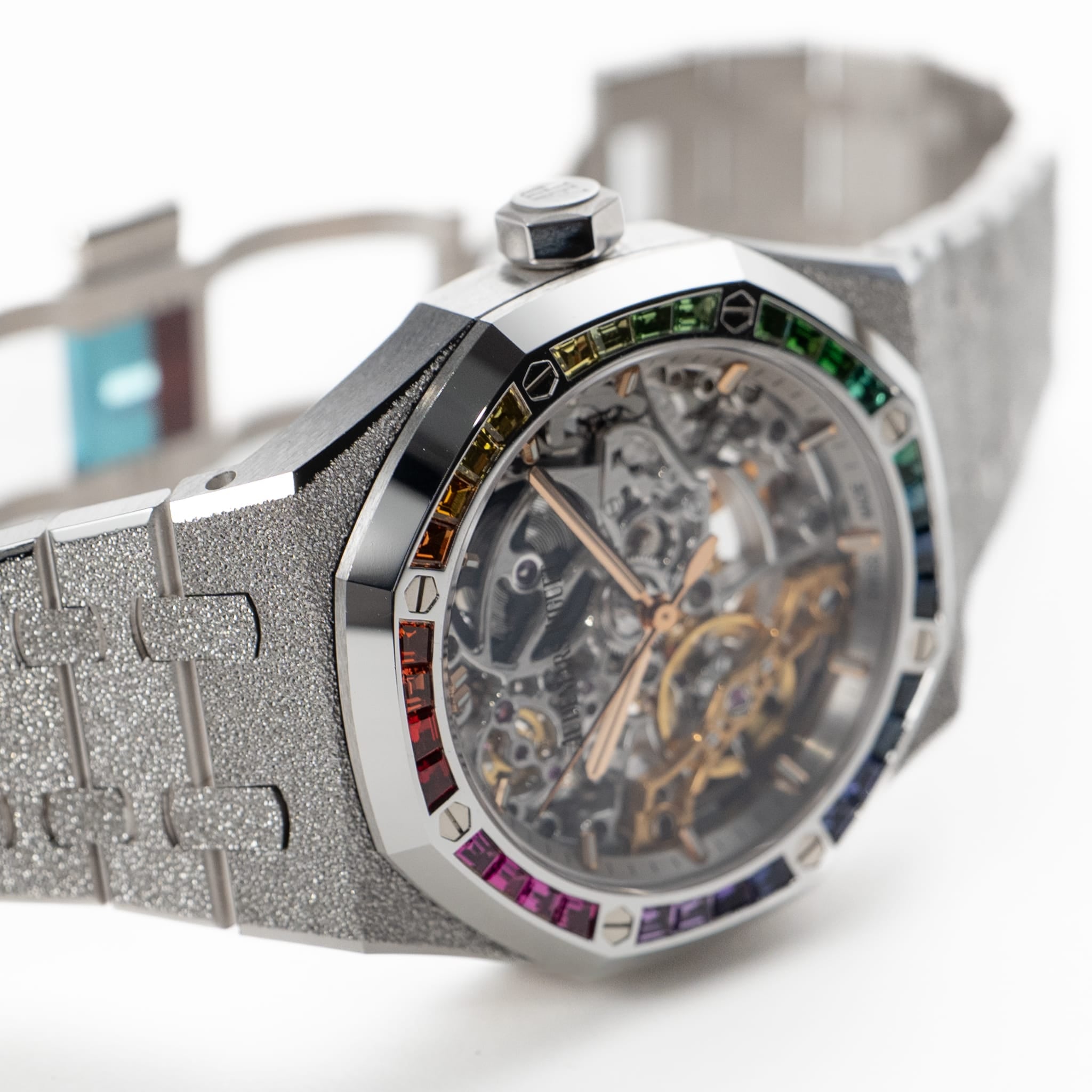 Audemars Piguet Royal Oak 15468BC.YG.1259BC.01-B Double Balance Wheel Frosted White Gold Rainbow Sapphires Bezel Openworked Dial