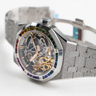 Audemars Piguet Royal Oak 15468BC.YG.1259BC.01-B Double Balance Wheel Frosted White Gold Rainbow Sapphires Bezel Openworked Dial