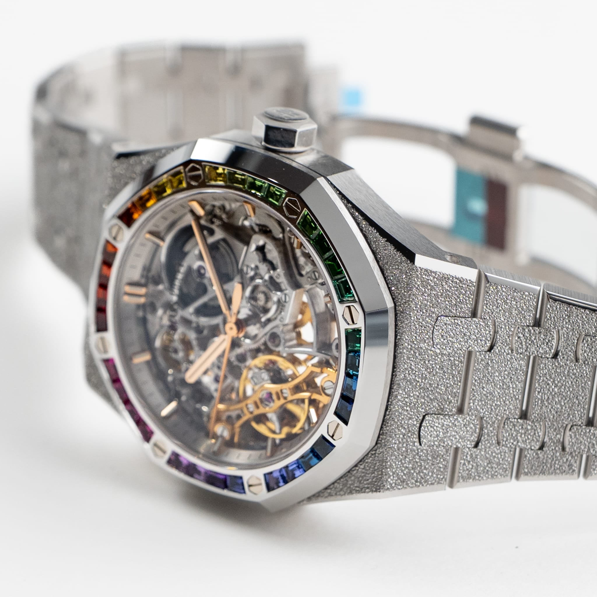 Audemars Piguet Royal Oak 15468BC.YG.1259BC.01-B Double Balance Wheel Frosted White Gold Rainbow Sapphires Bezel Openworked Dial