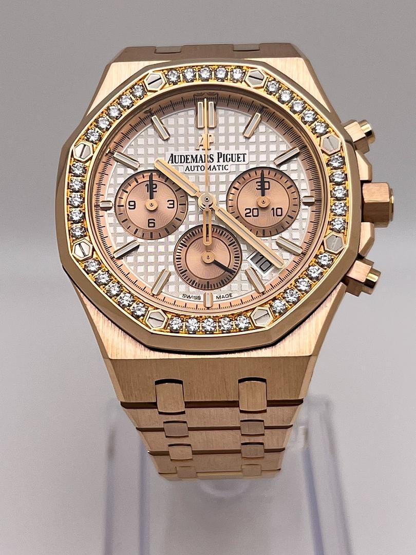 Luxury Watch Audemars Piguet Royal Oak Chronograph Rose Gold Silver Dial Diamond Bezel 26315OR.ZZ.1256OR.01 Wrist Aficionado