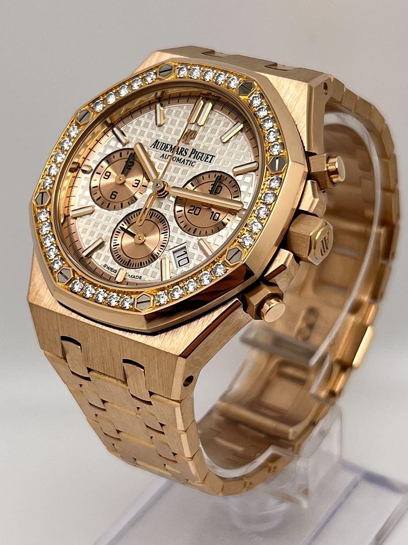 Luxury Watch Audemars Piguet Royal Oak Chronograph Rose Gold Silver Dial Diamond Bezel 26315OR.ZZ.1256OR.01 Wrist Aficionado
