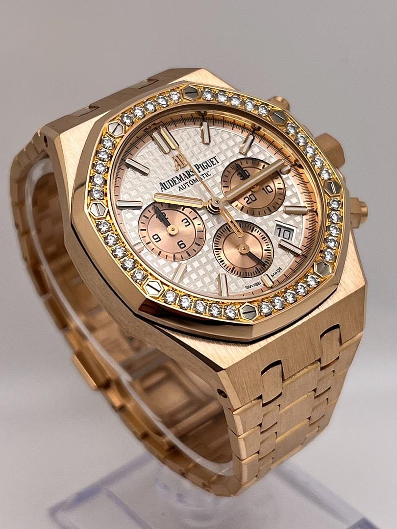 Luxury Watch Audemars Piguet Royal Oak Chronograph Rose Gold Silver Dial Diamond Bezel 26315OR.ZZ.1256OR.01 Wrist Aficionado